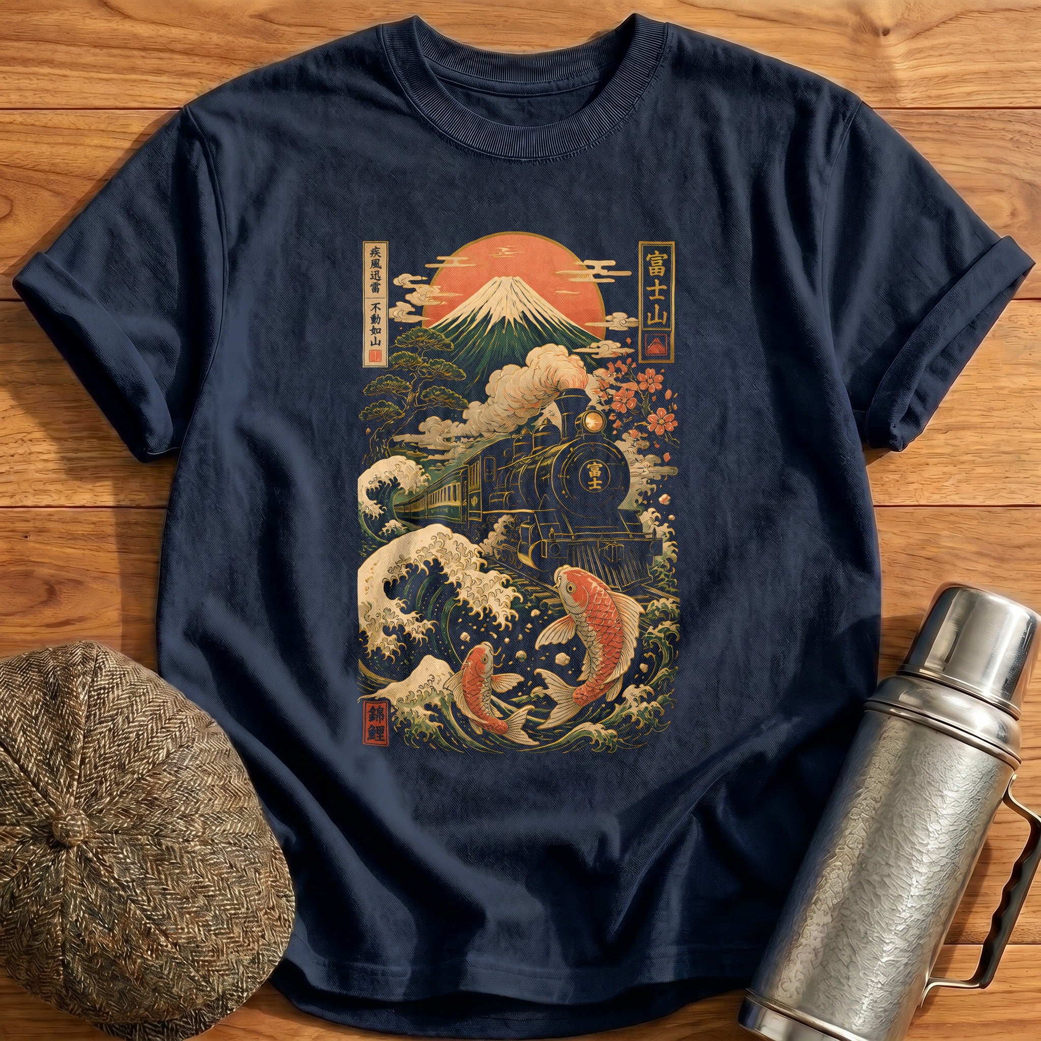 Mount Fuji Train Koi Fish Ukiyo E - Navy