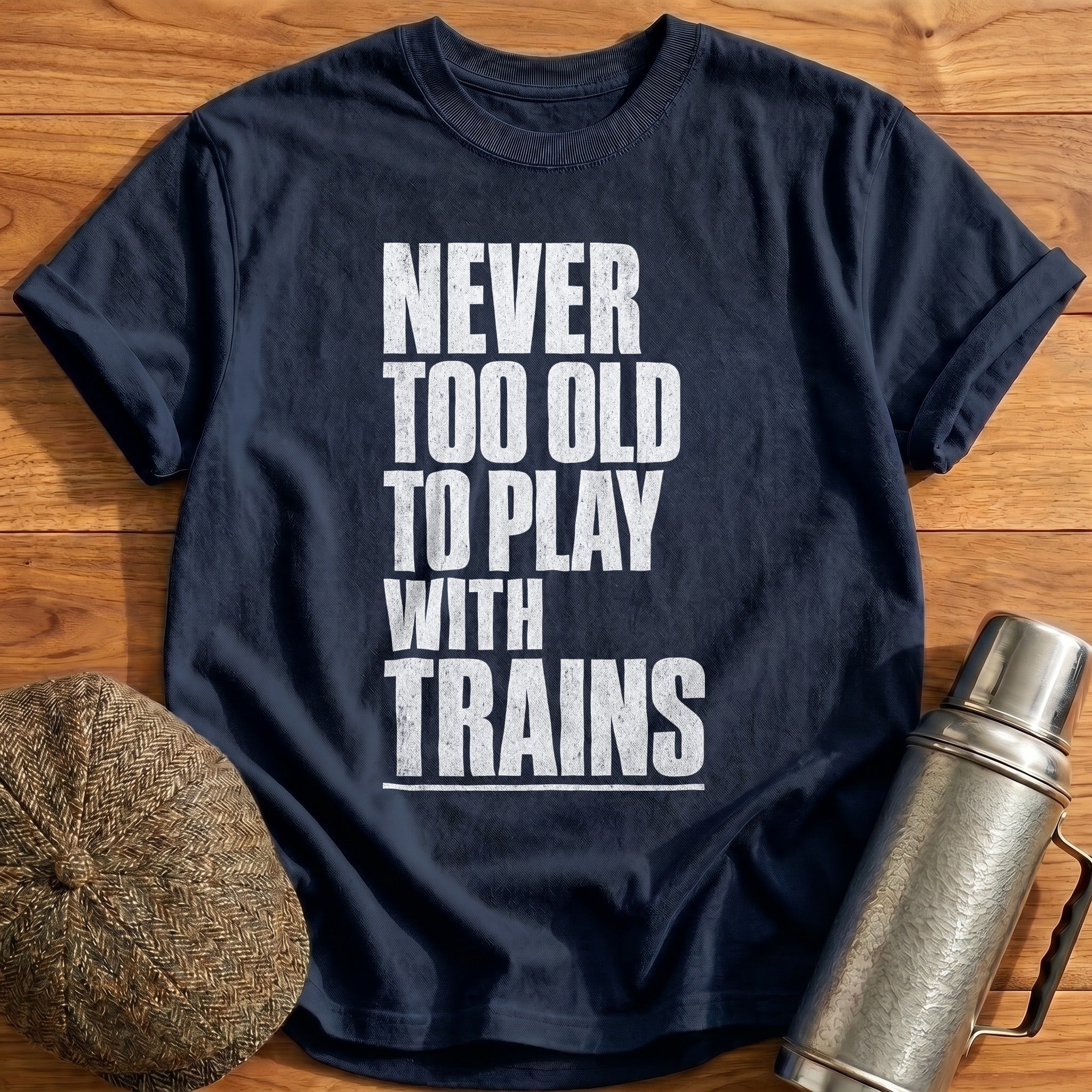 Never Too Old To Play With Trains Blocky 1 T-Shirt - Navy
