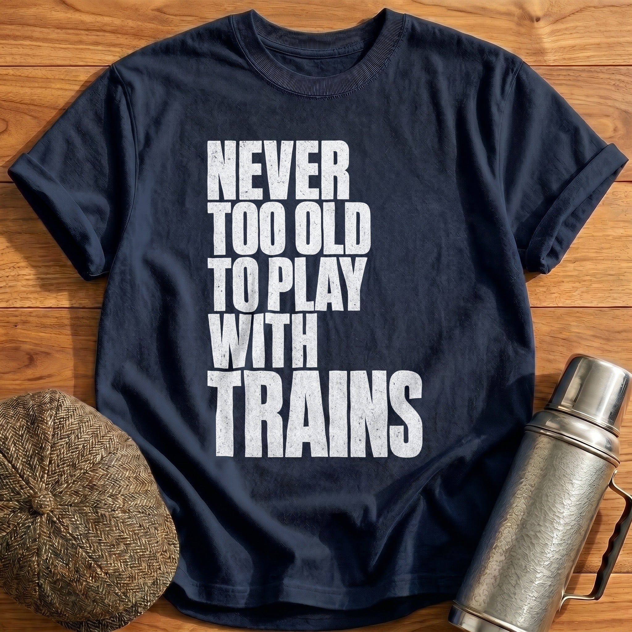Never Too Old To Play With Trains Blocky 2 T-Shirt - Navy