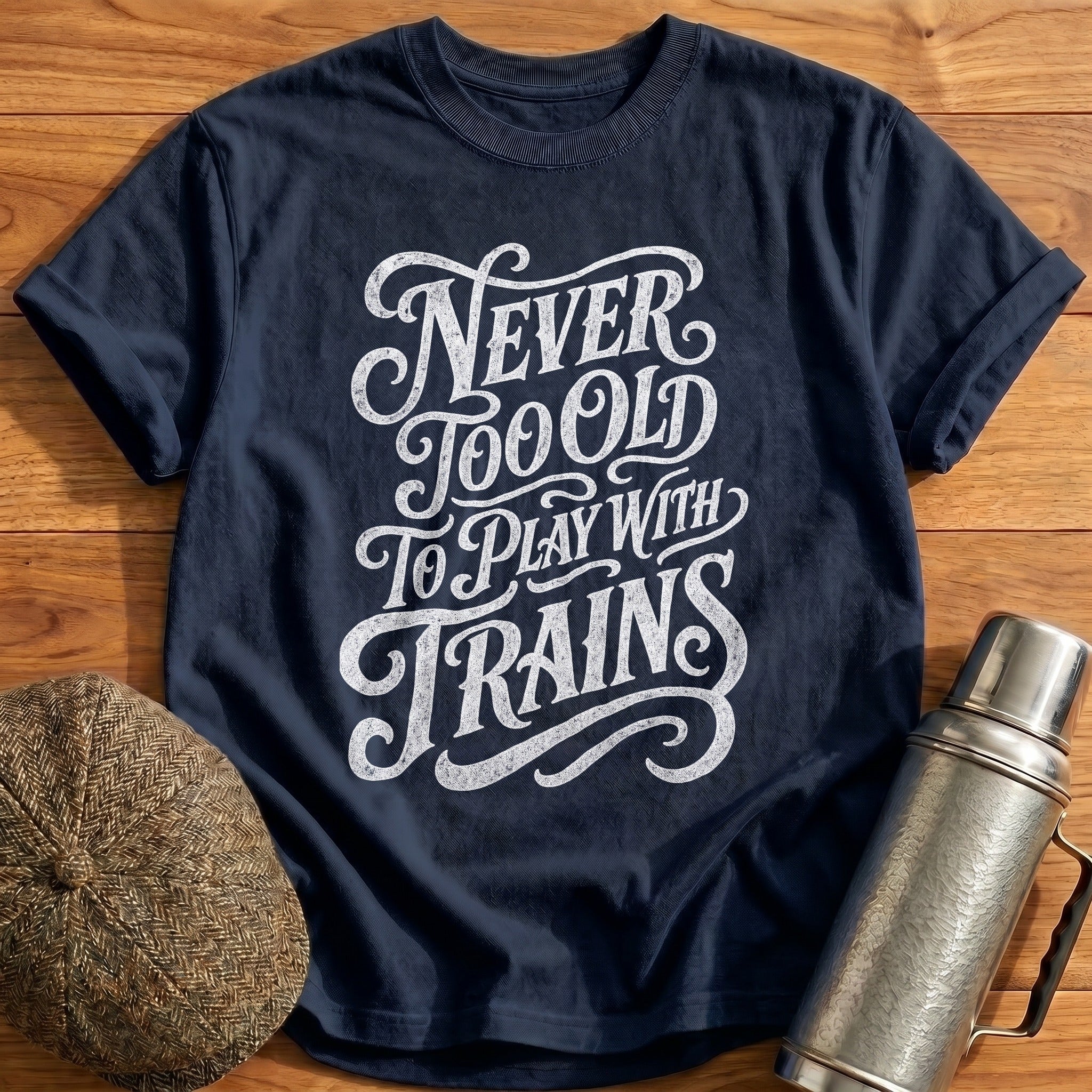 Never Too Old To Play With Trains Script 2 T-Shirt - Navy