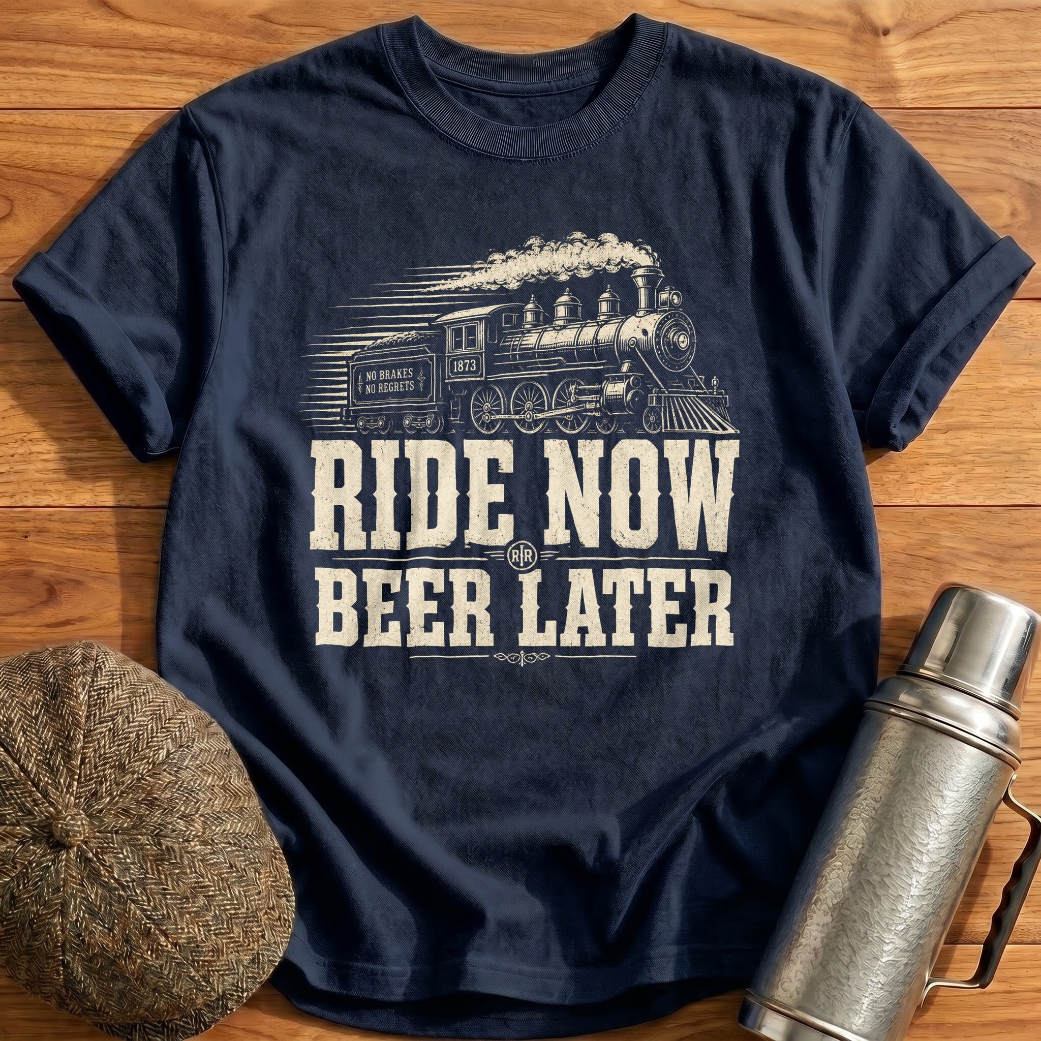 Ride Now Beer Later Train T-Shirt - Navy