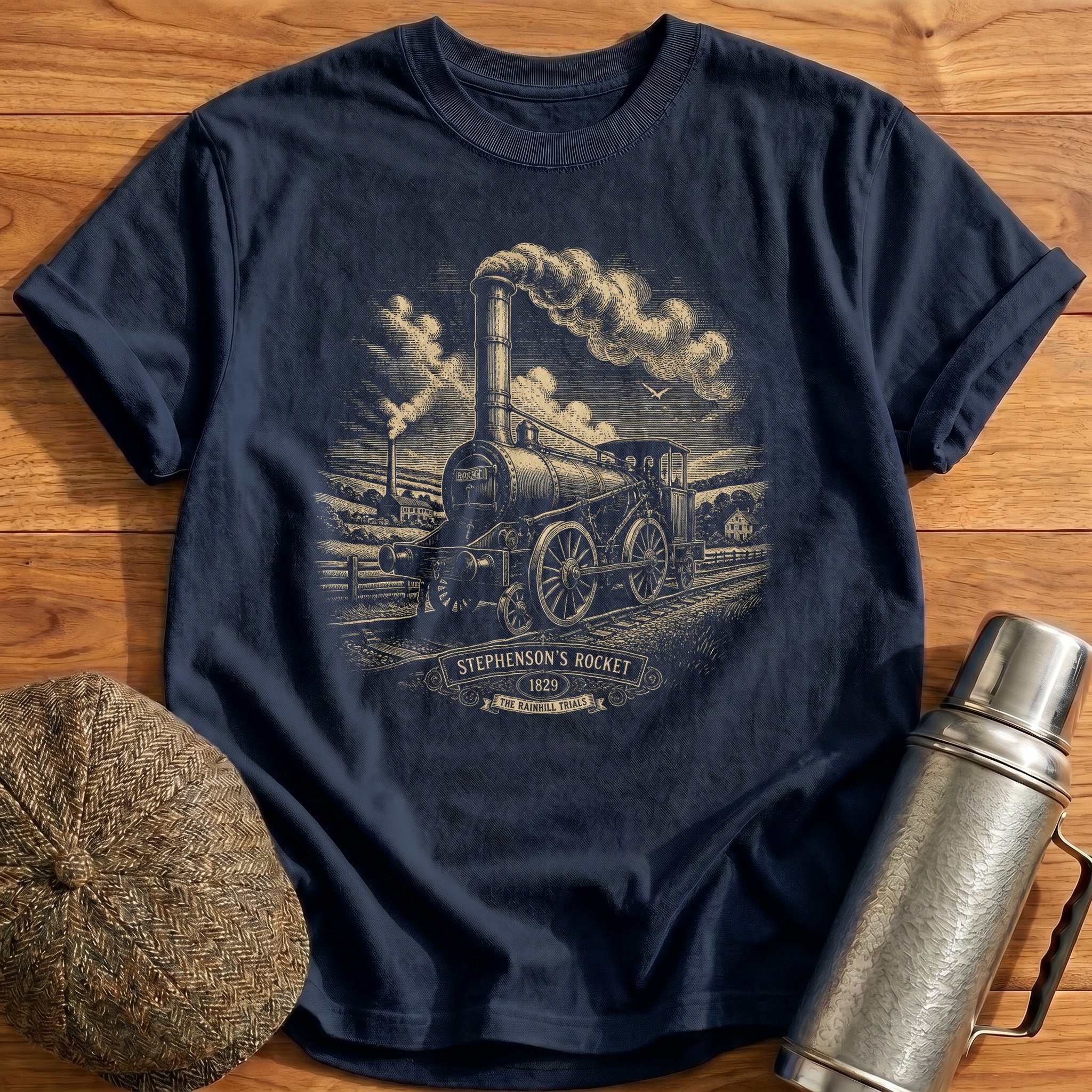 Rocket Stephenson Early Steam Locomotive T-Shirt - Navy