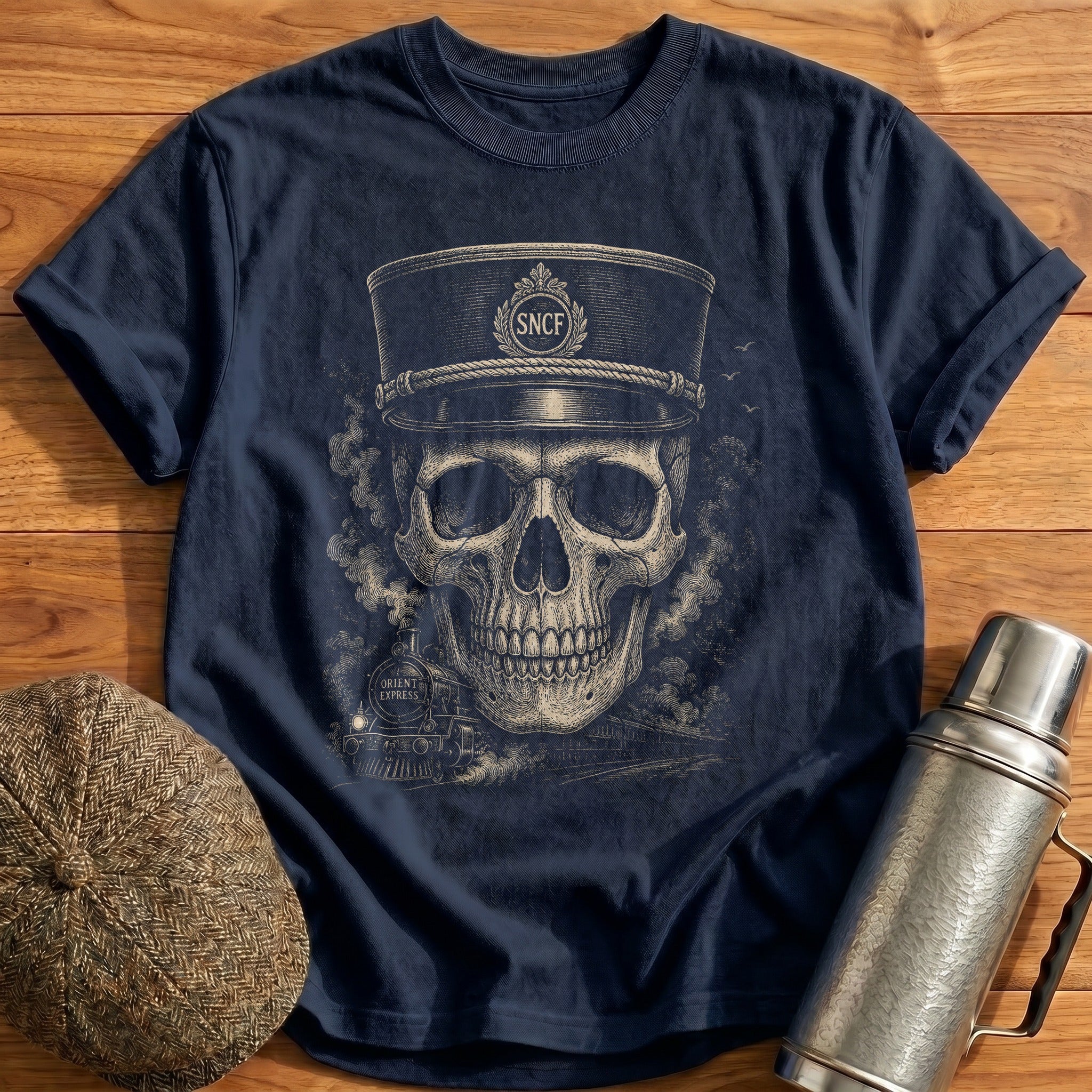 Skull Wearing French SNCF Kepi Conductor Hat Forward T-Shirt - Navy