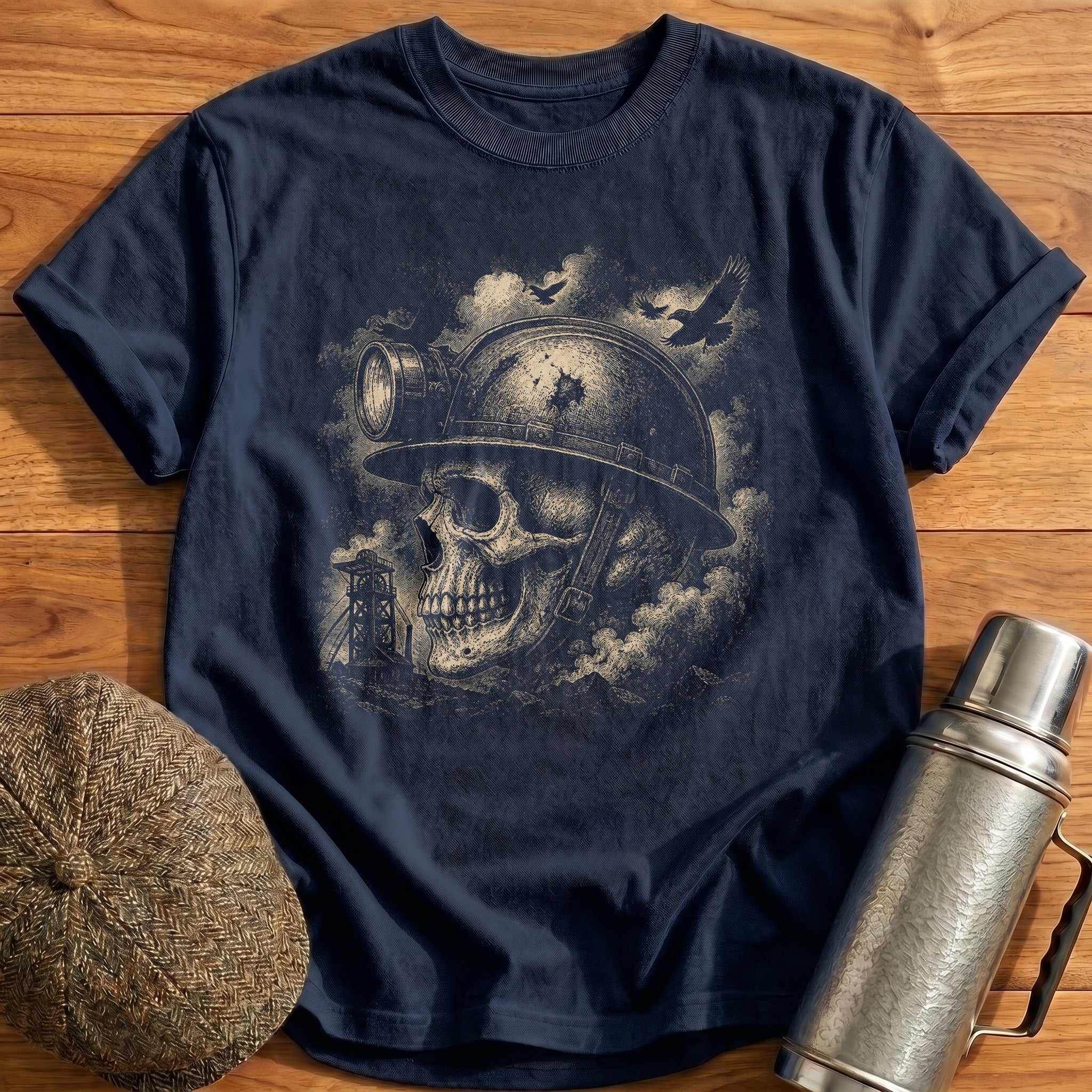 Skull Wearing Industrial Coal Miner Train Worker Helmet Side Profile T-Shirt - Navy