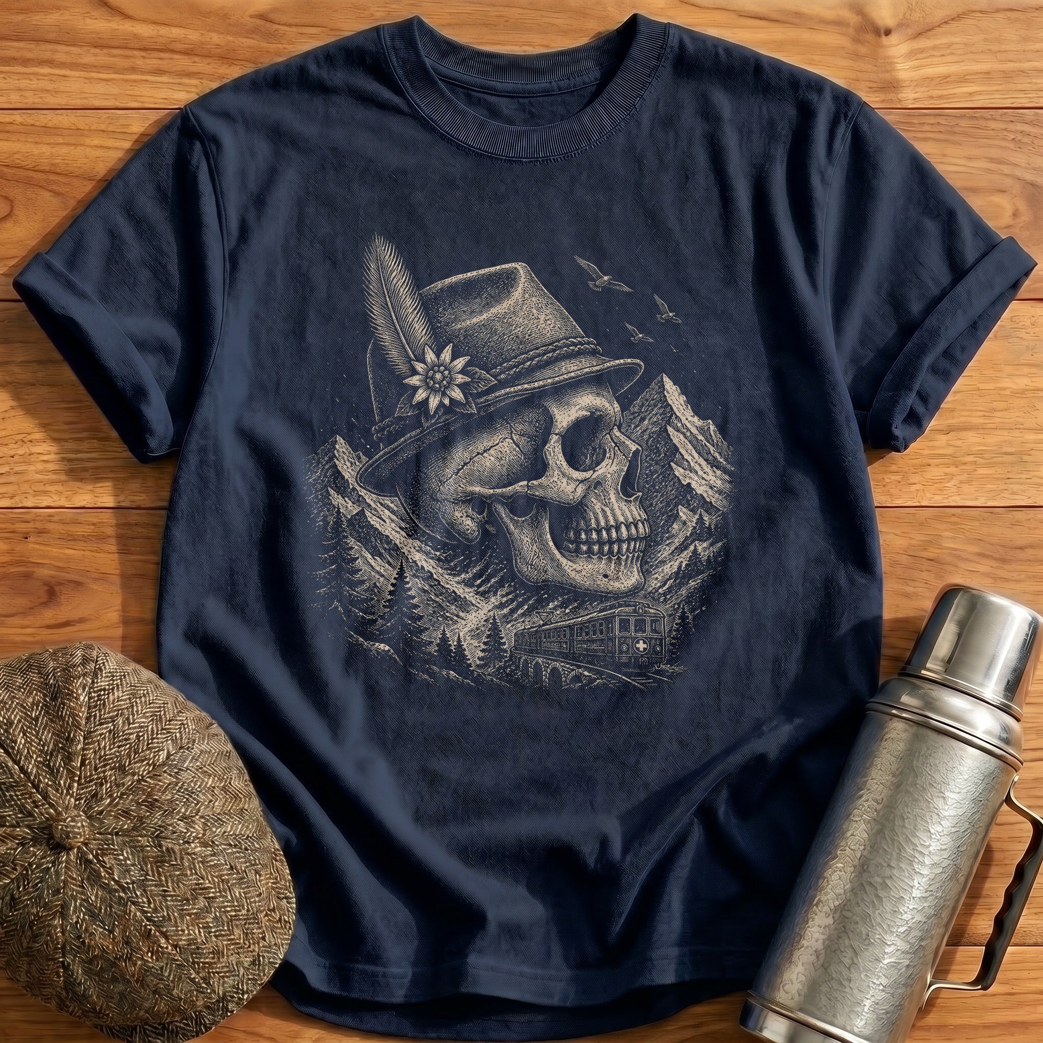 Skull Wearing Swiss Mountain Railway Tyrolean Hat Side Profile T-Shirt - Navy