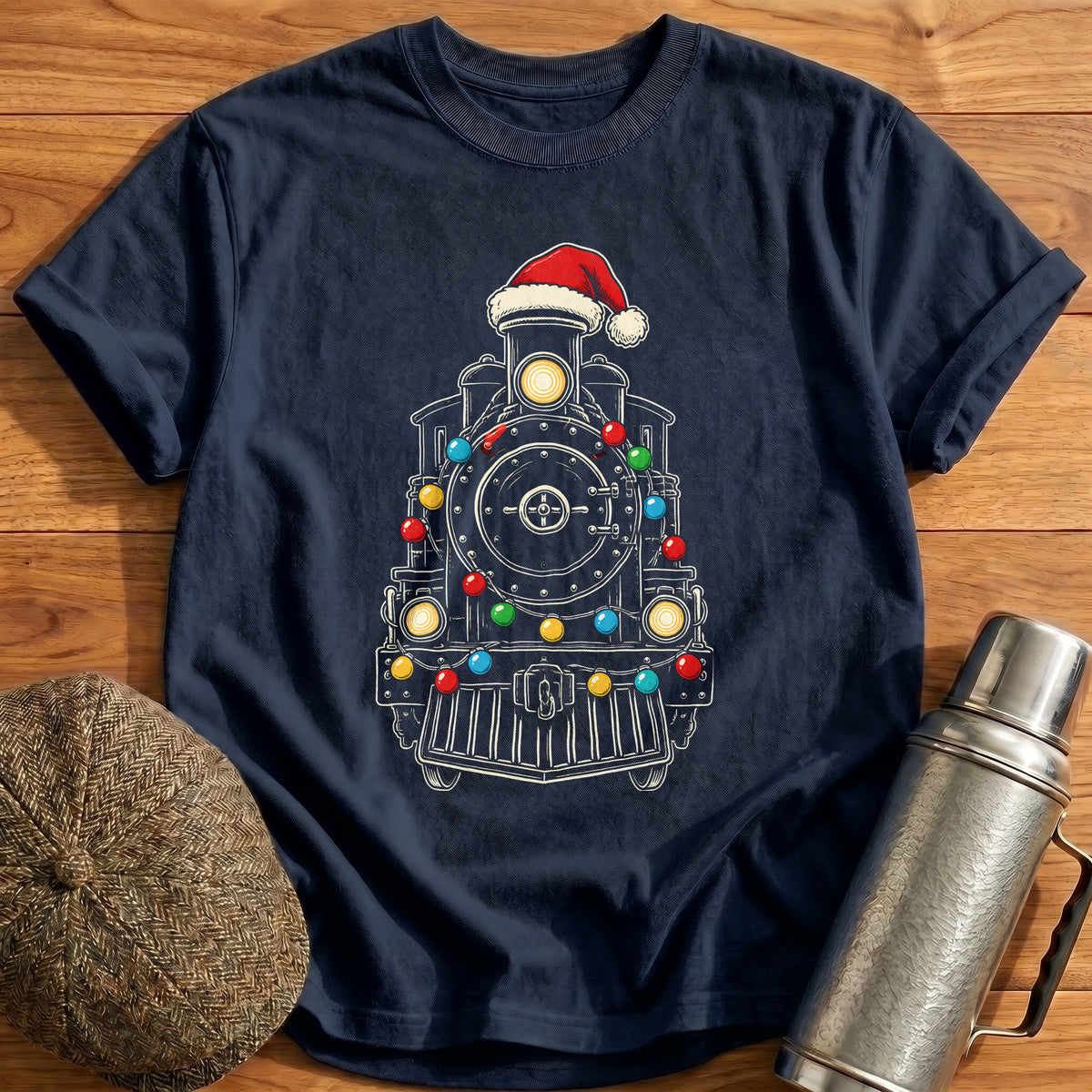 Steam Locomotive Christmas Lights 24 T-Shirt - Navy