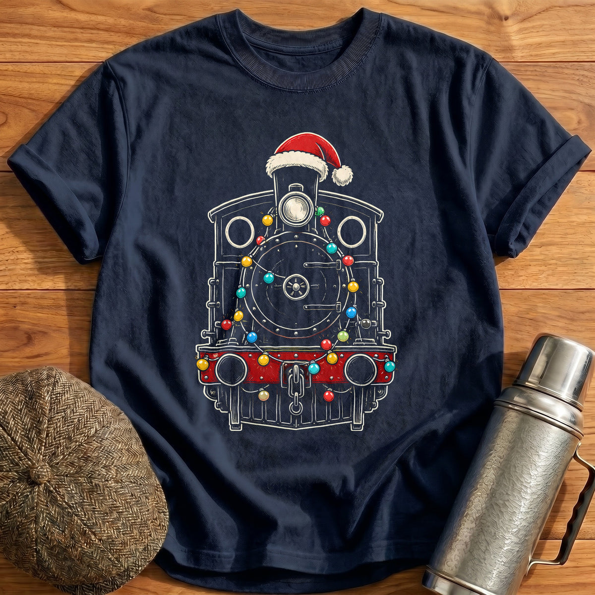 Steam Tank Engine Christmas Lights 68 T-Shirt - Navy
