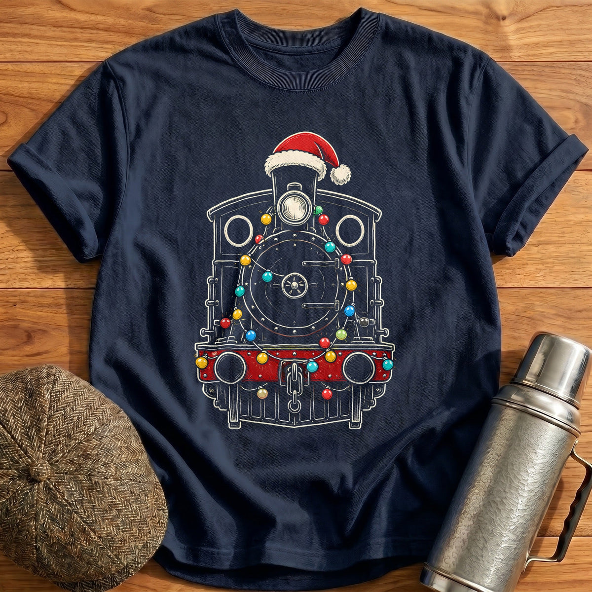 Steam Tank Engine Christmas Lights 68 Kids T-Shirt - Navy