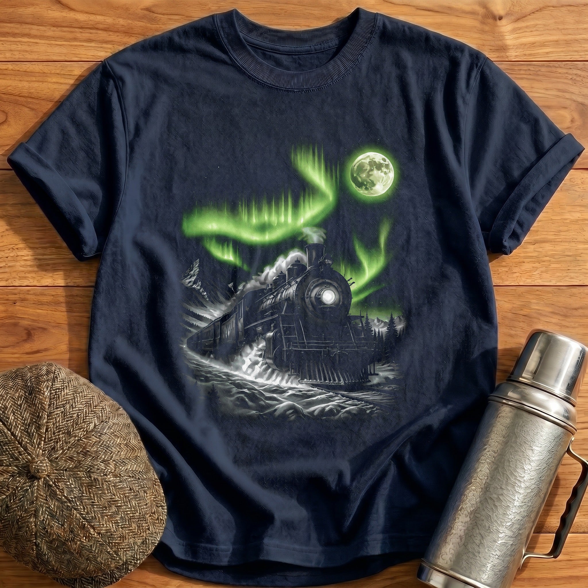 Steam Train Aurora Night Sky - Navy