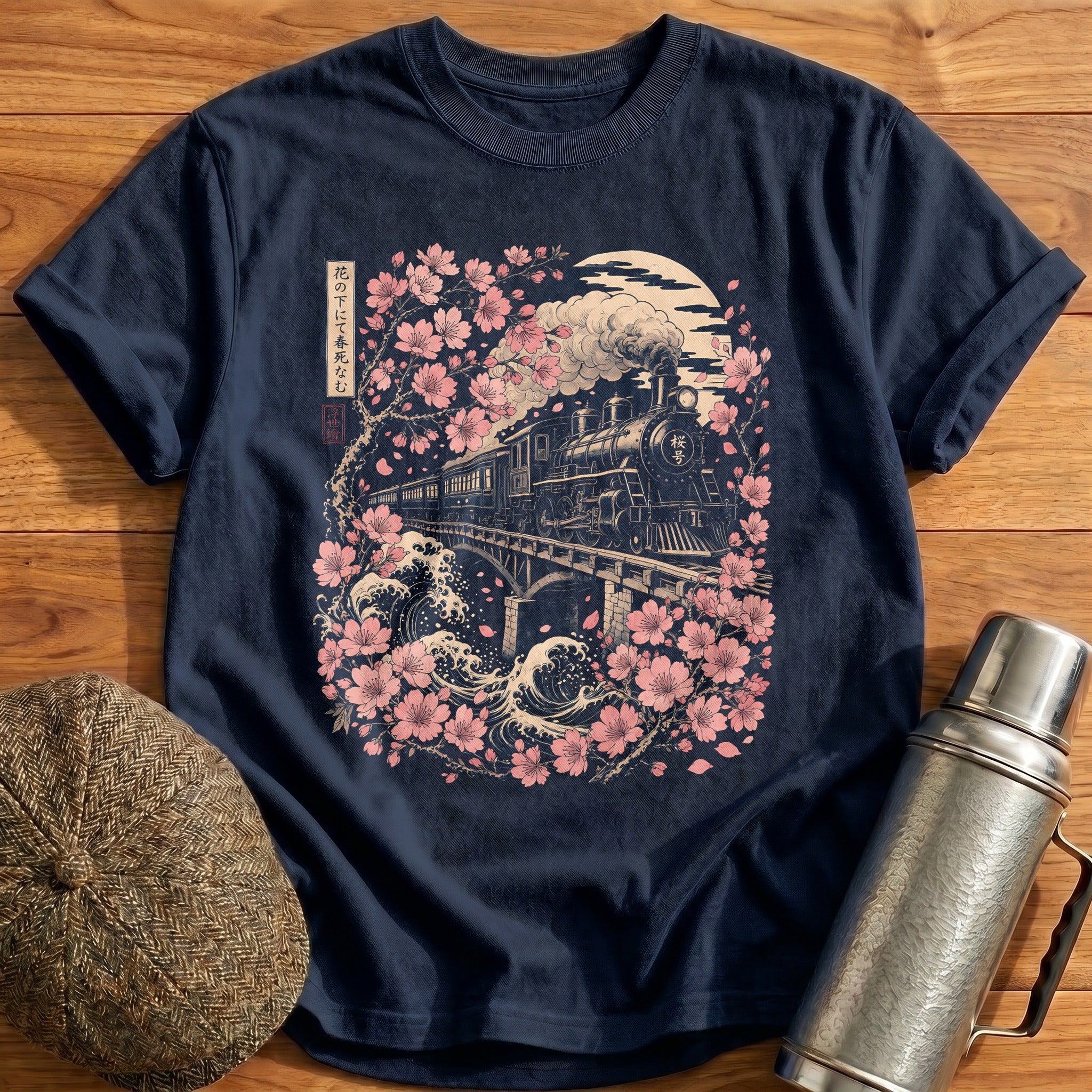 Steam Train Cherry Blossom Ukiyo E - Navy