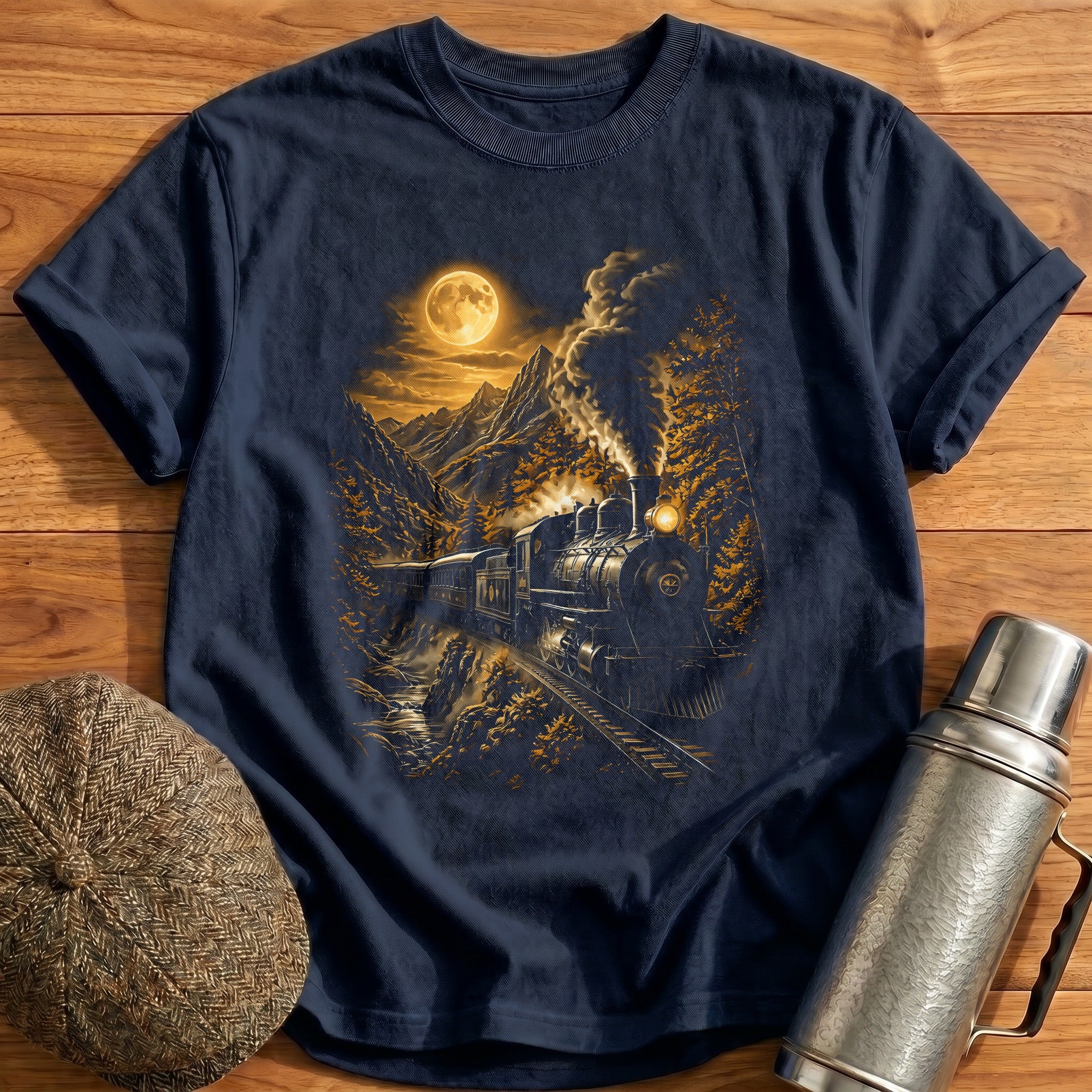 Steam Train Locomotive Mountain Night - Navy