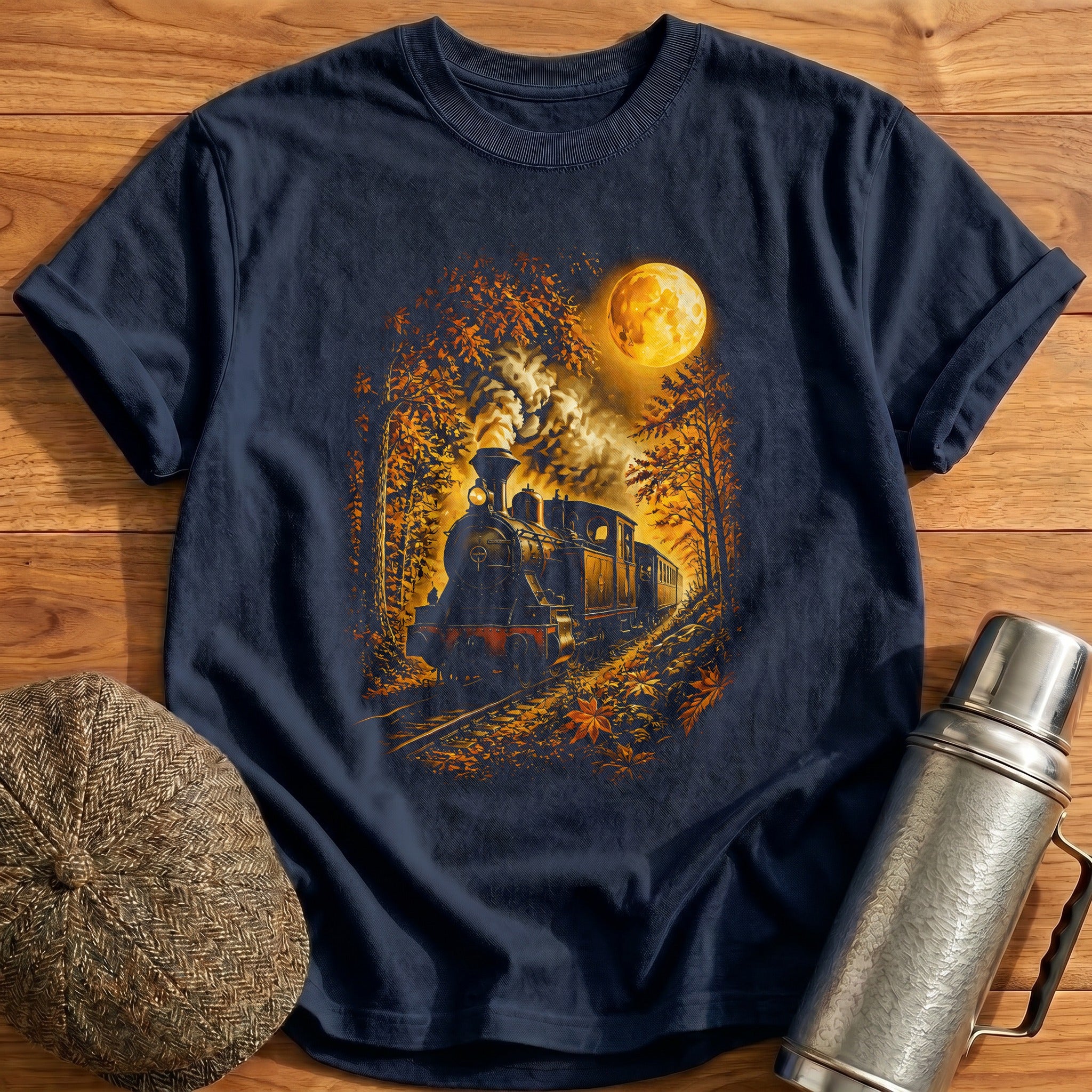Steam Train Moonlight Night Forest - Navy