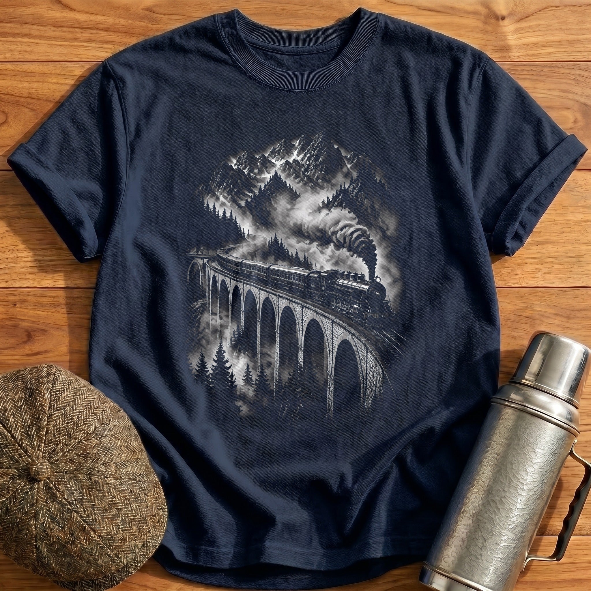 Steam Train Mountain Bridge Vintage - Navy