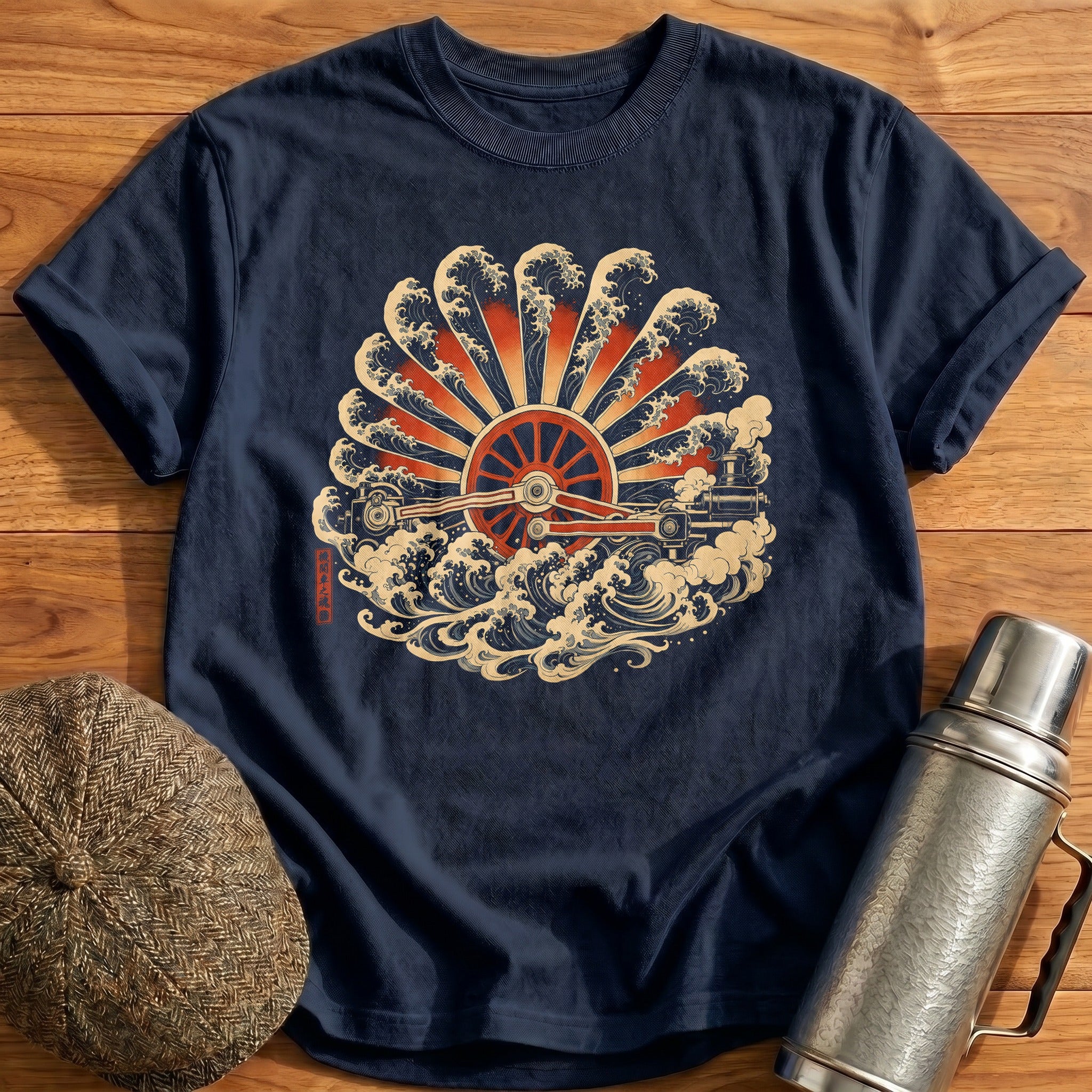 Steampunk Locomotive Waves Ukiyo E - Navy