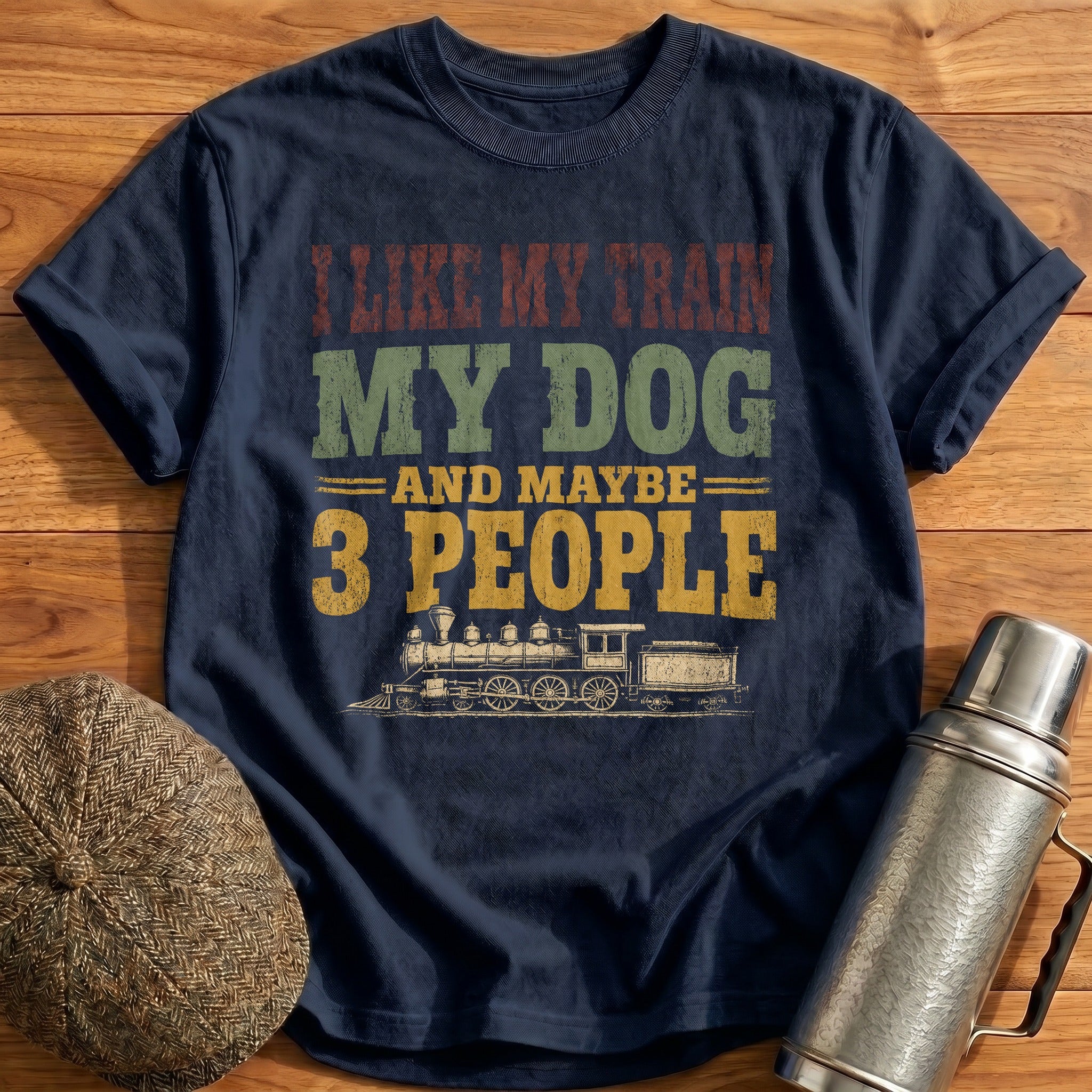 Train Dog 3 People T-Shirt - Navy