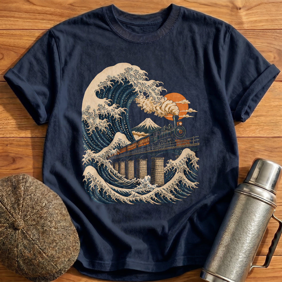 Train Wave Ukiyoe 96 T-Shirt - Navy