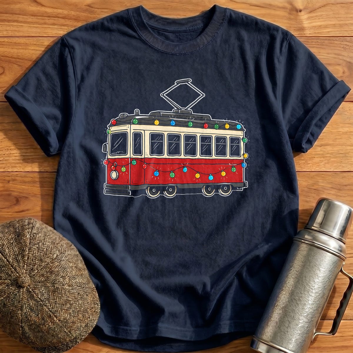 Tram Christmas Lights 95 T-Shirt - Navy