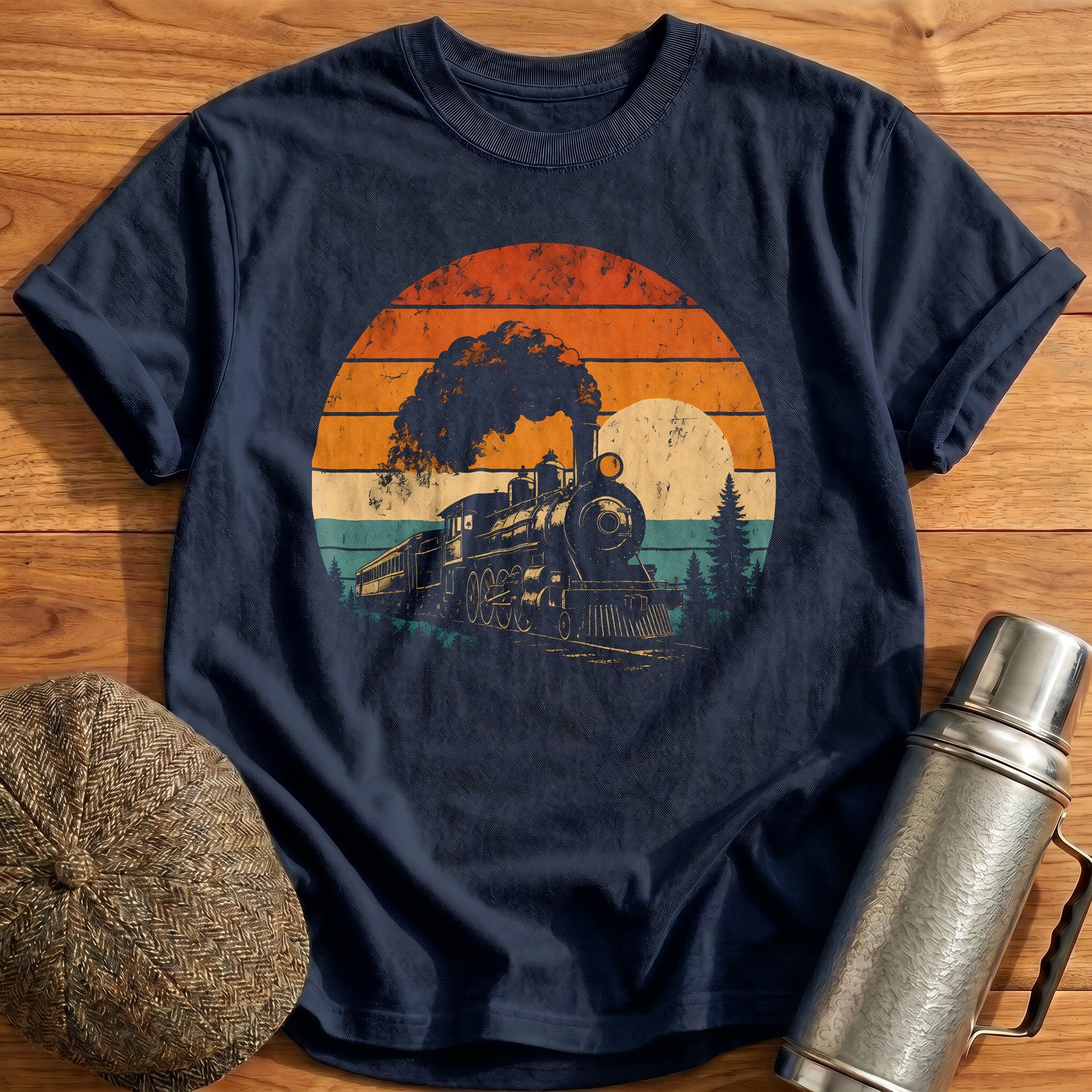 Vintage Train Sunset Locomotive Engineer - Navy