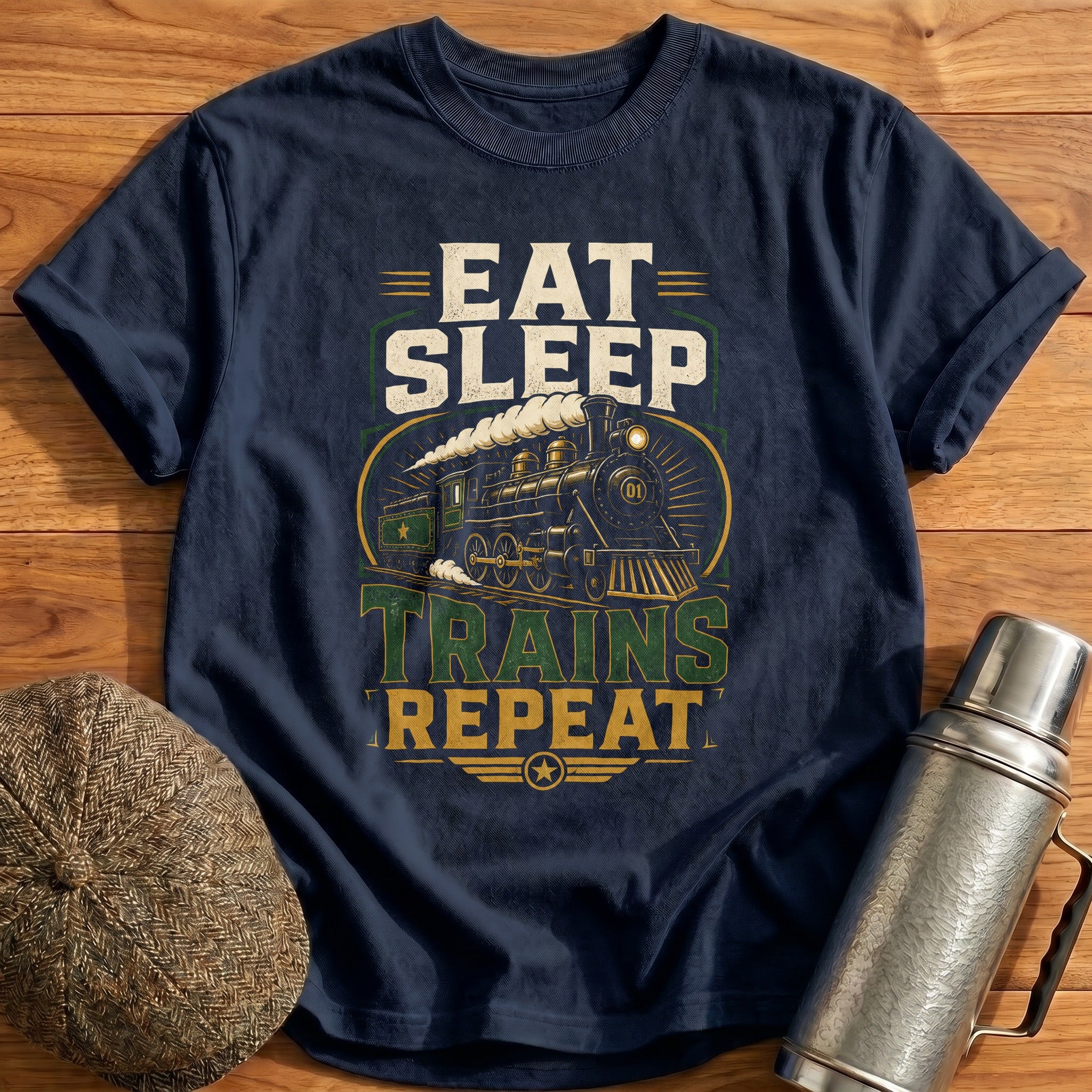 Eat Sleep Trains Repeat T-Shirt - Navy
