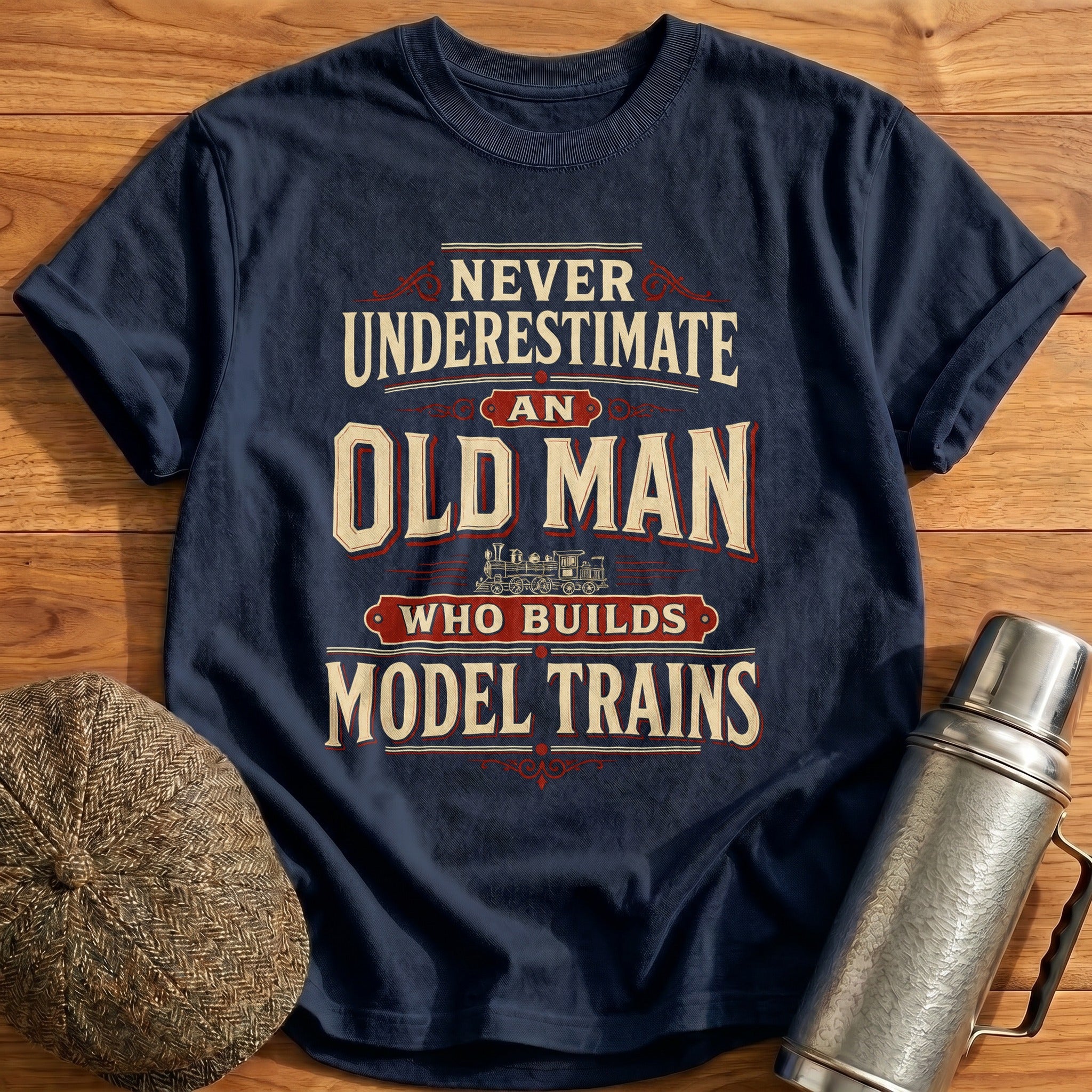 Never Underestimate Old Man Model Trains T-Shirt - Navy