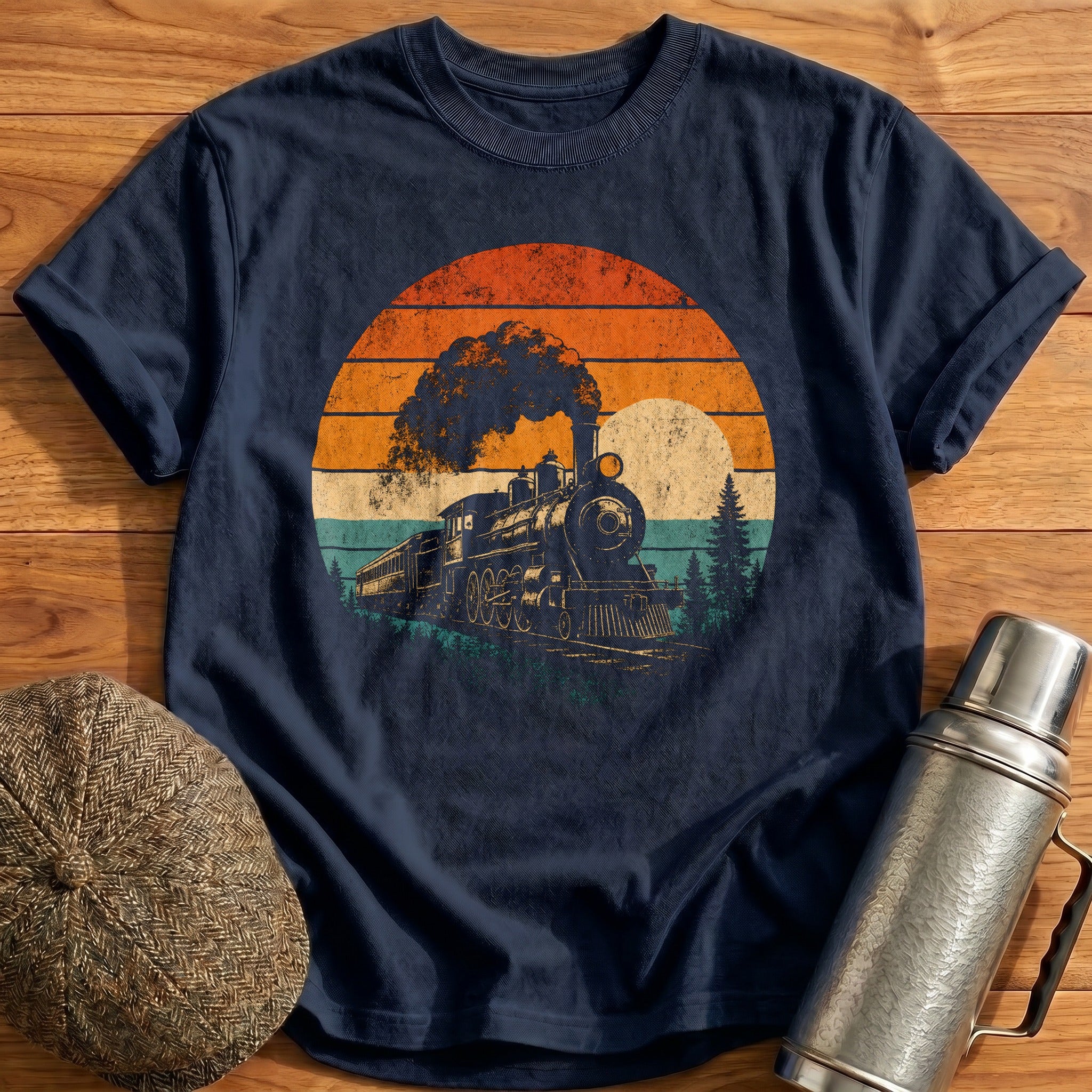 Retro Train Sunset T-Shirt - Navy