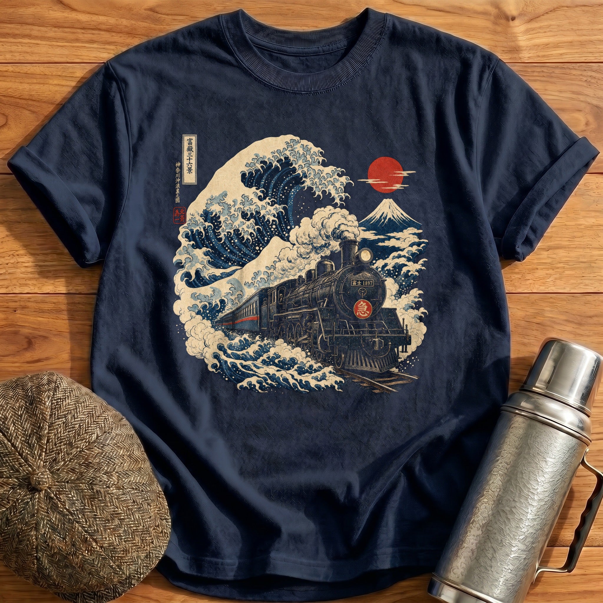Ukiyoe Steam Train Wave T-Shirt - Navy