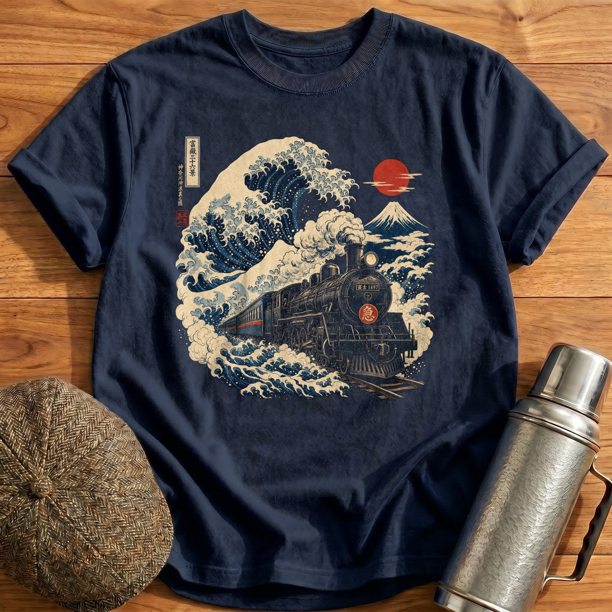 Ukiyoe Steam Train Wave Kids T-Shirt - Navy