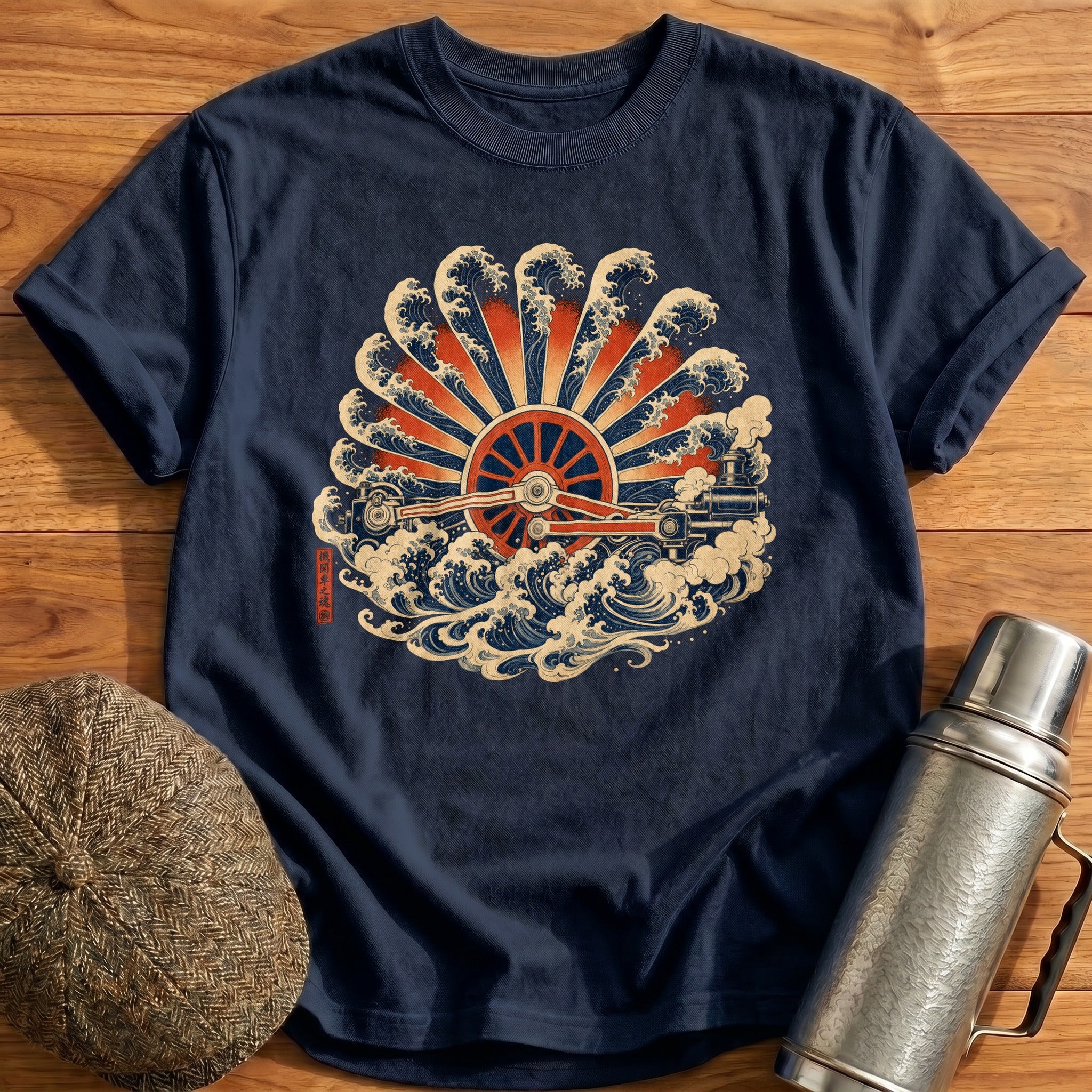 Ukiyoe Wheel Rising Sun T-Shirt - Navy