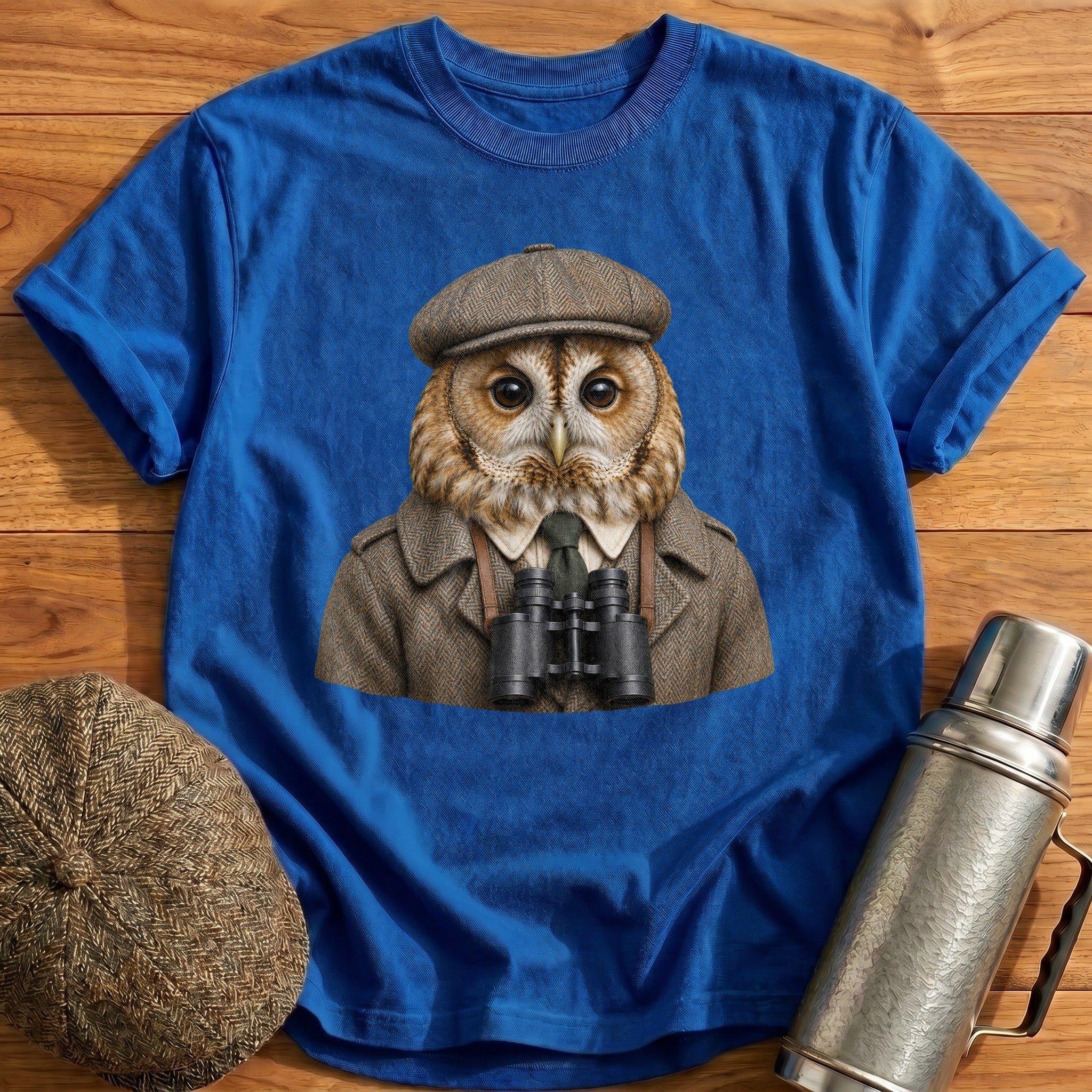 Tawny Owl Trainspotter With Binoculars T-Shirt - Royal