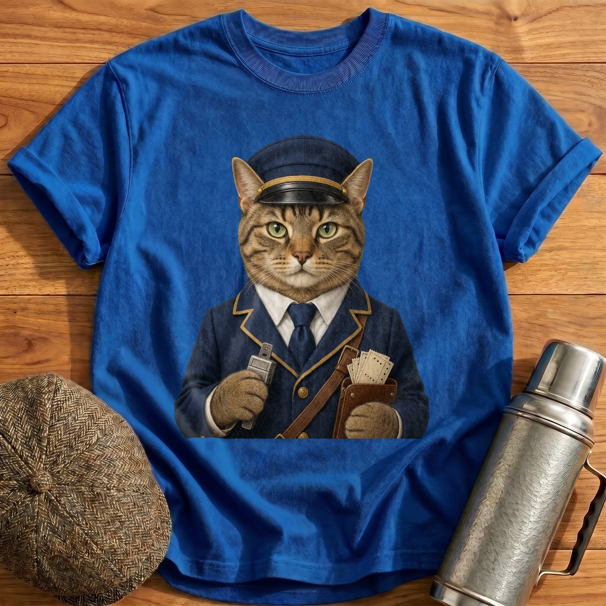 Tabby Cat Ticket Inspector T-Shirt - Royal