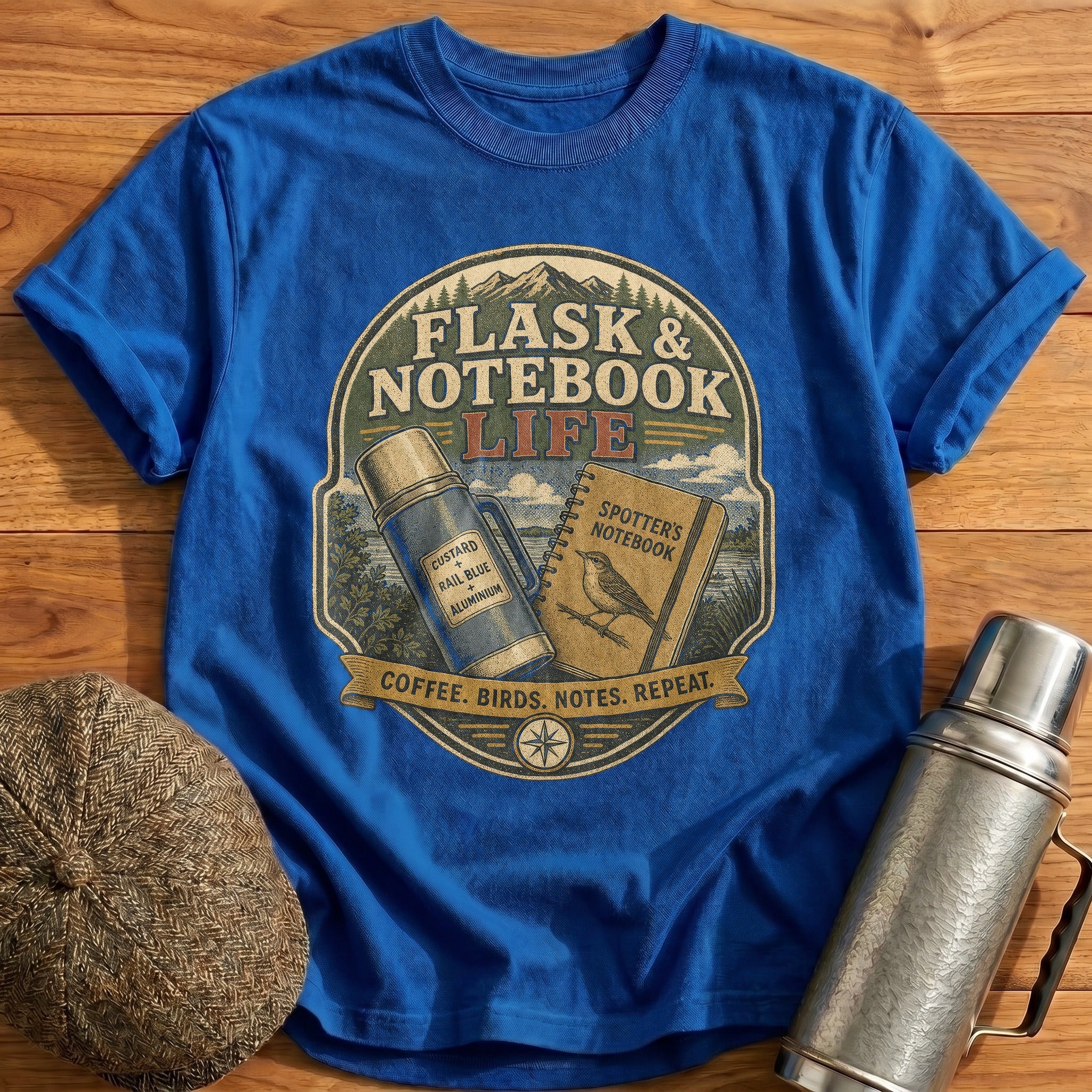 Coffee, Birds, Notes, Repeat T-Shirt - Royal