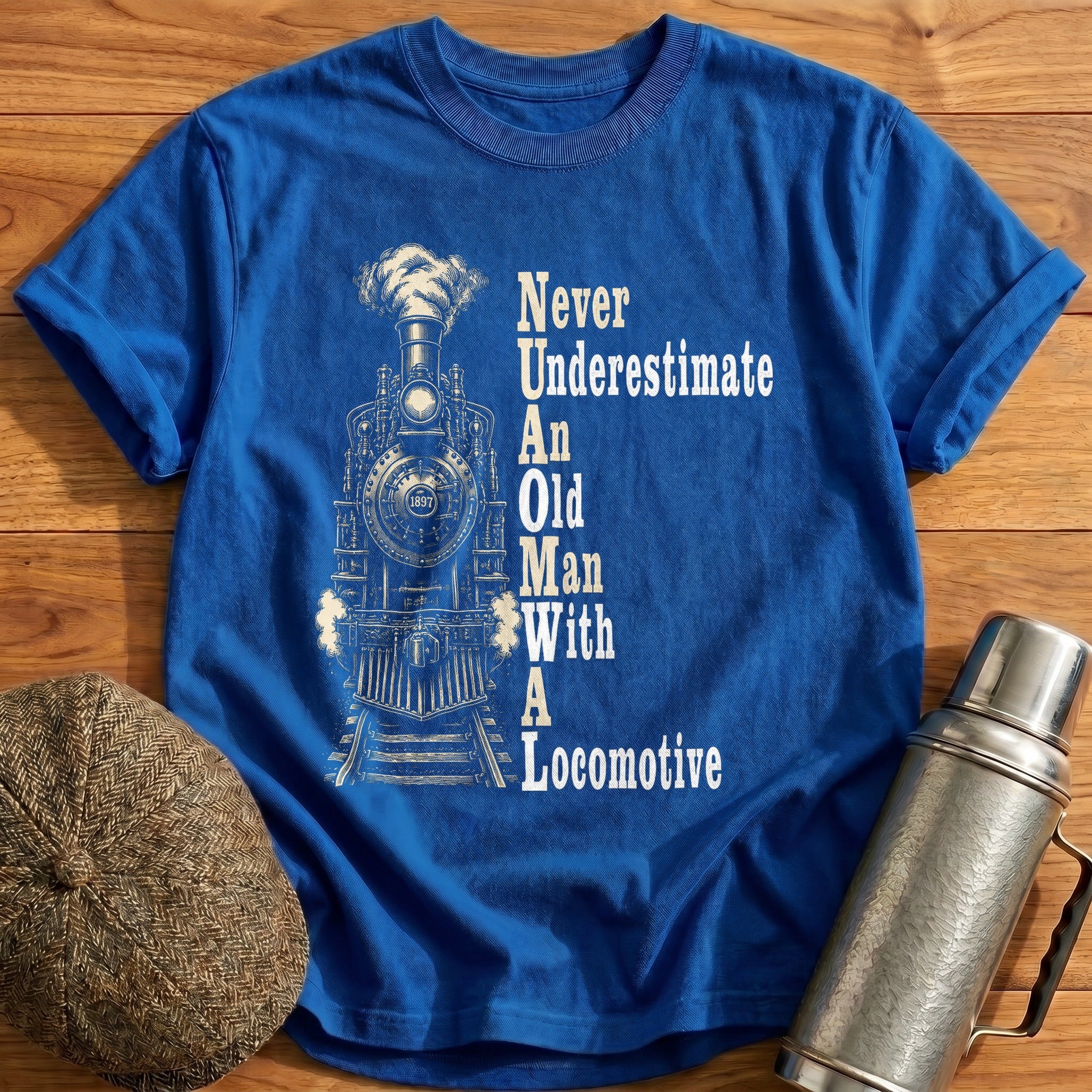 Never Underestimate An Old Man With A Locomotive T-Shirt - Royal