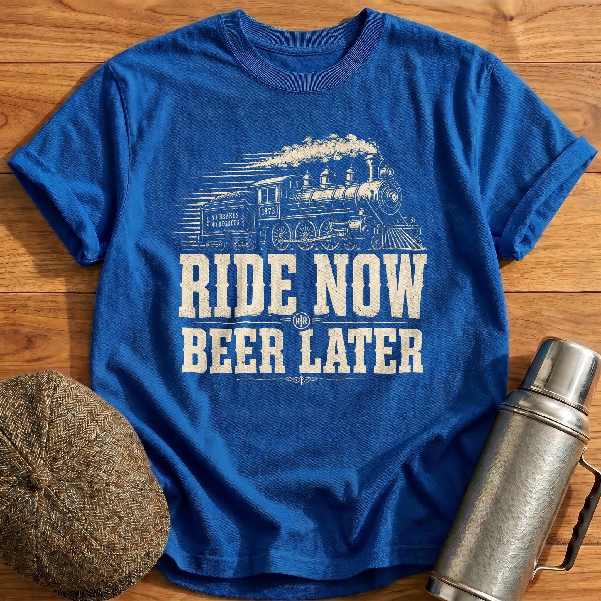 Ride Now Beer Later Train T-Shirt - Royal