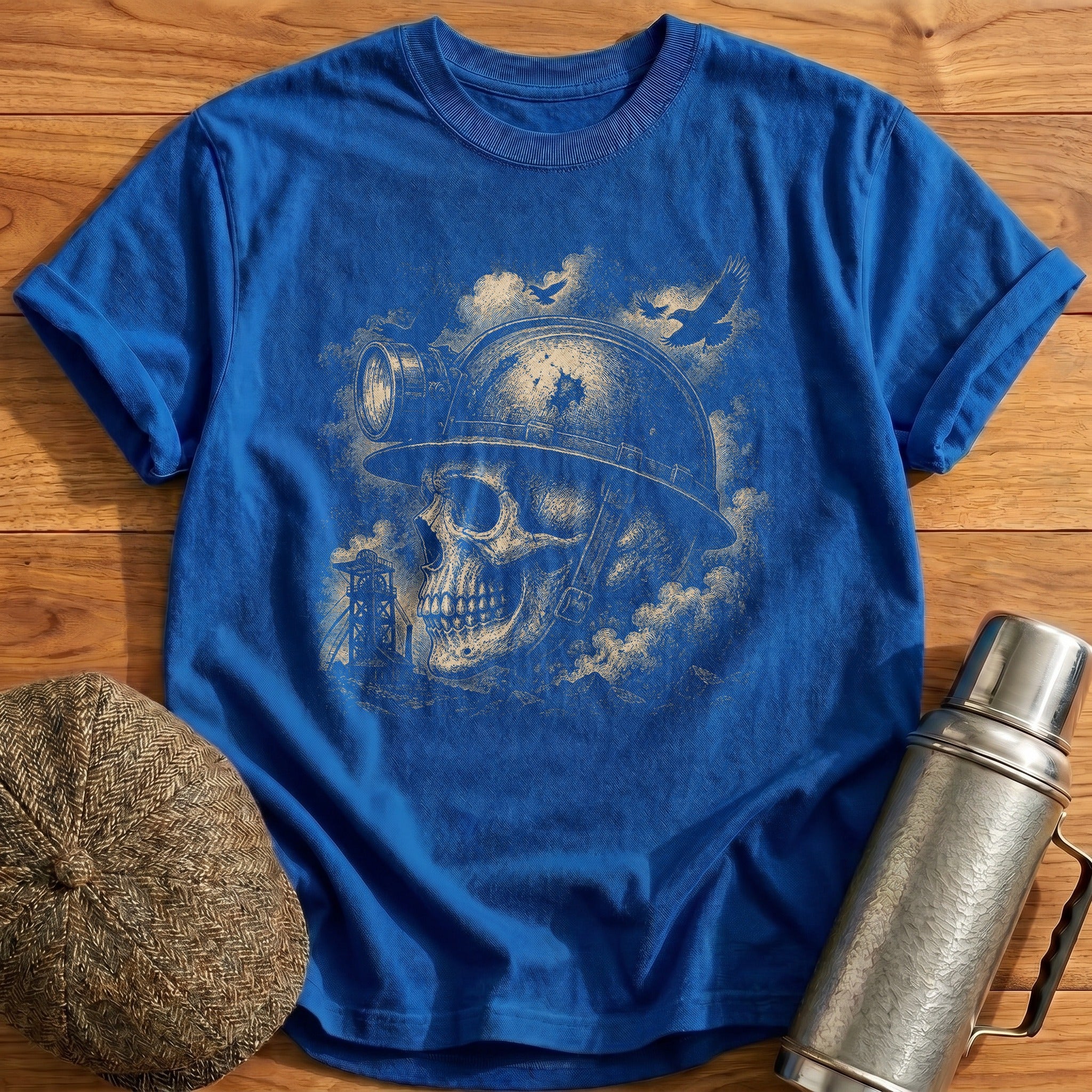 Skull Wearing Industrial Coal Miner Train Worker Helmet Side Profile T-Shirt - Royal
