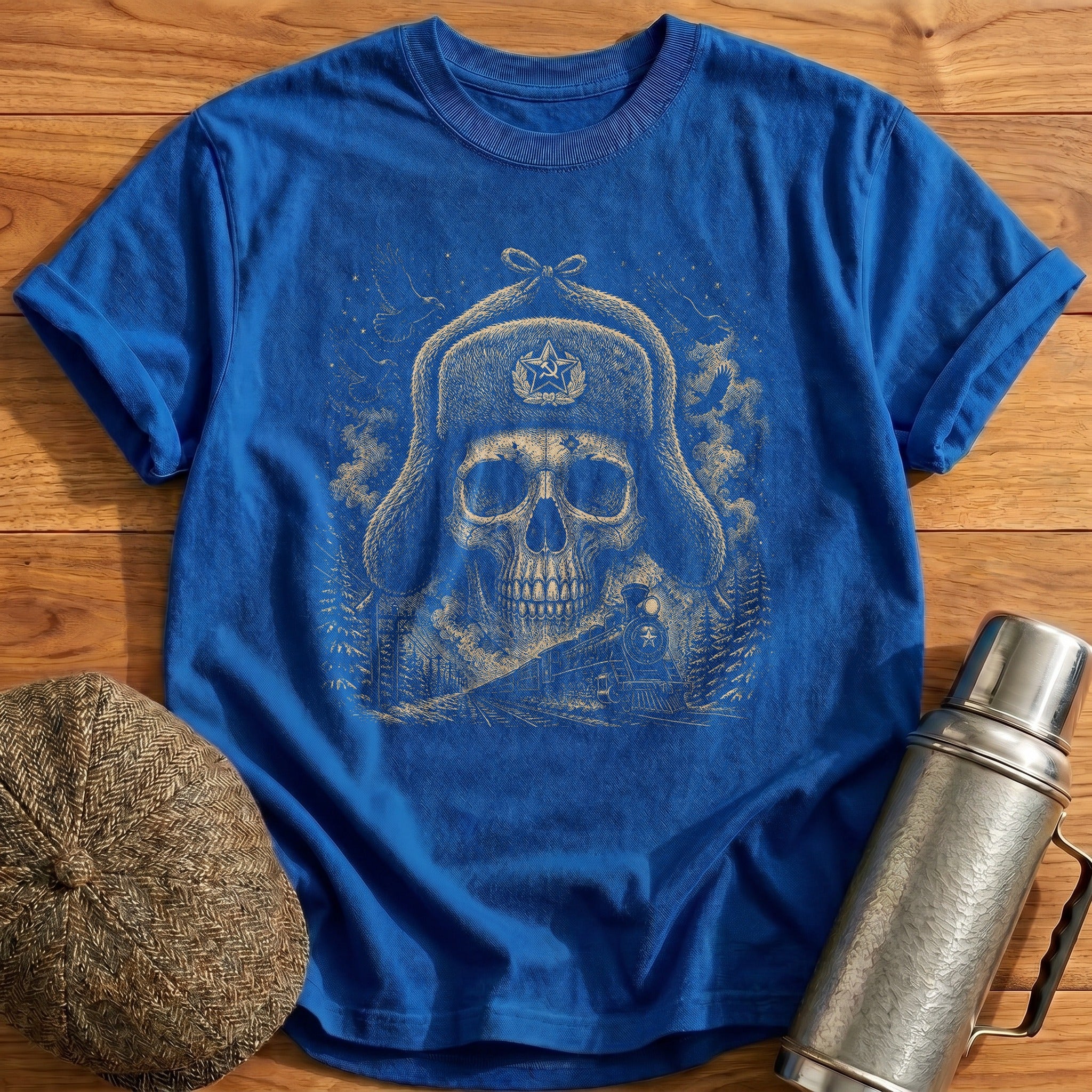 Skull Wearing Soviet Russian Ushanka Train Conductor Hat Forward T-Shirt - Royal