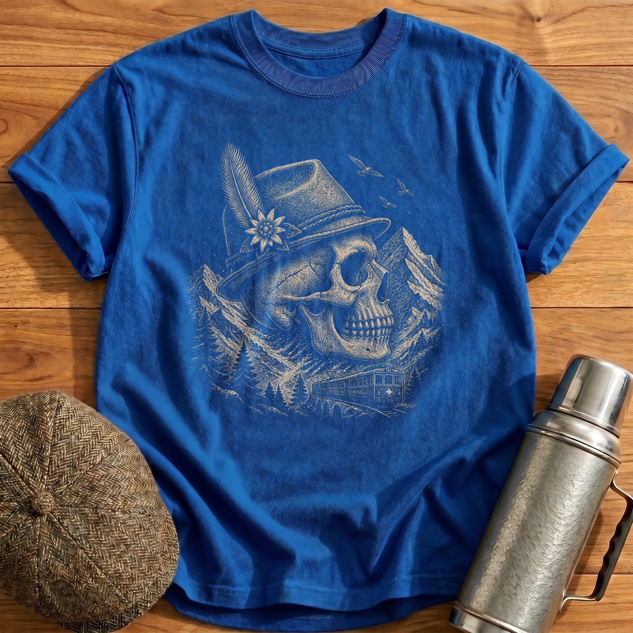 Skull Wearing Swiss Mountain Railway Tyrolean Hat Side Profile T-Shirt - Royal