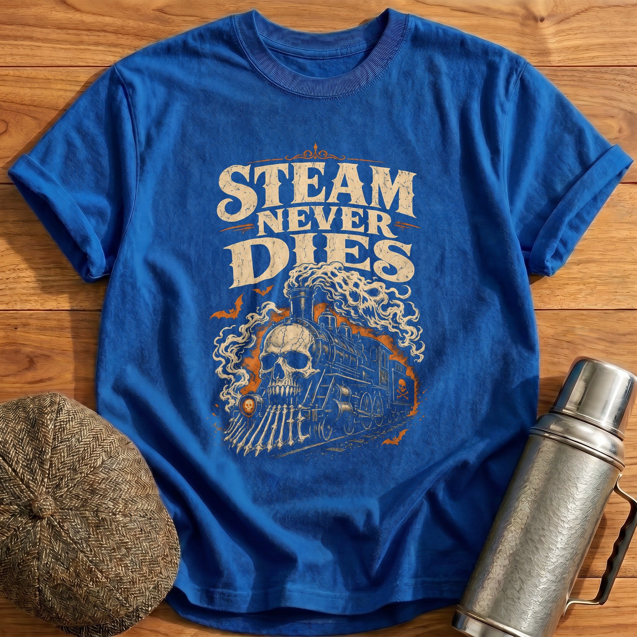 Steam Never Dies Locomotive T-Shirt - Royal