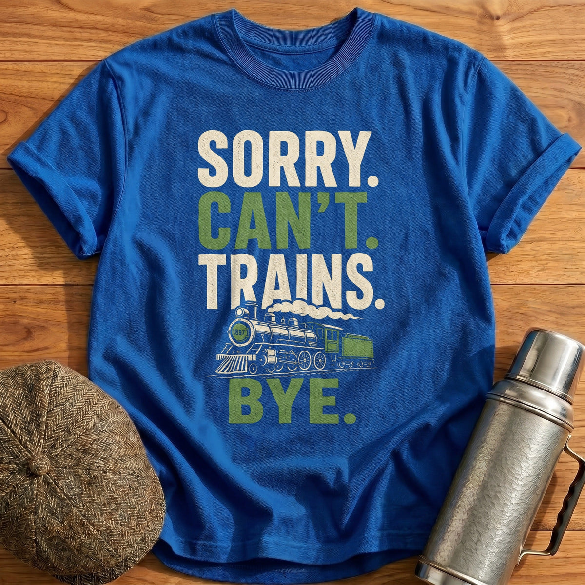 Sorry Can't Trains Bye Kids T-Shirt - Royal