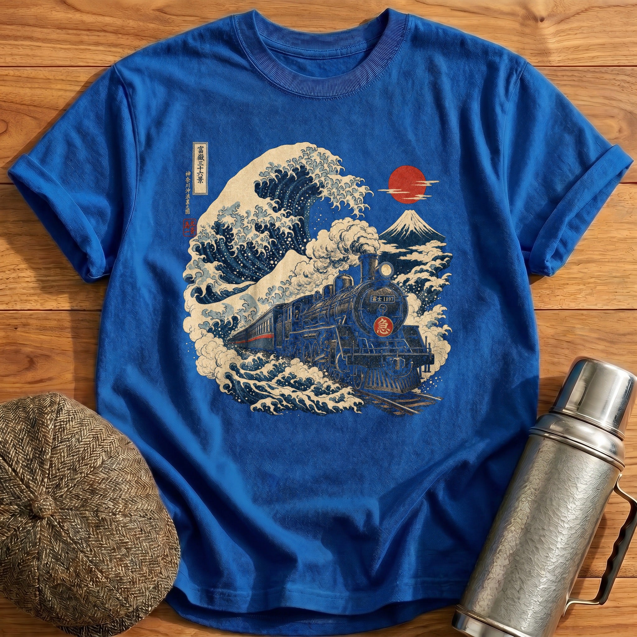 Ukiyoe Steam Train Wave T-Shirt - Royal