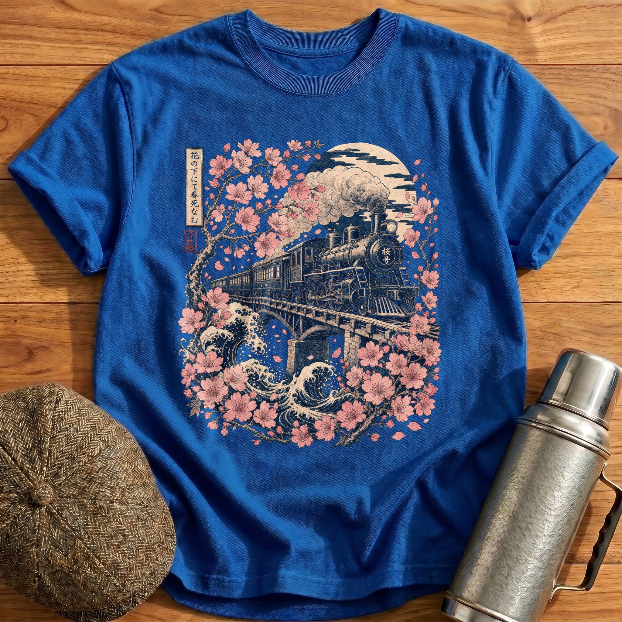 Ukiyoe Train Blossoms T-Shirt - Royal
