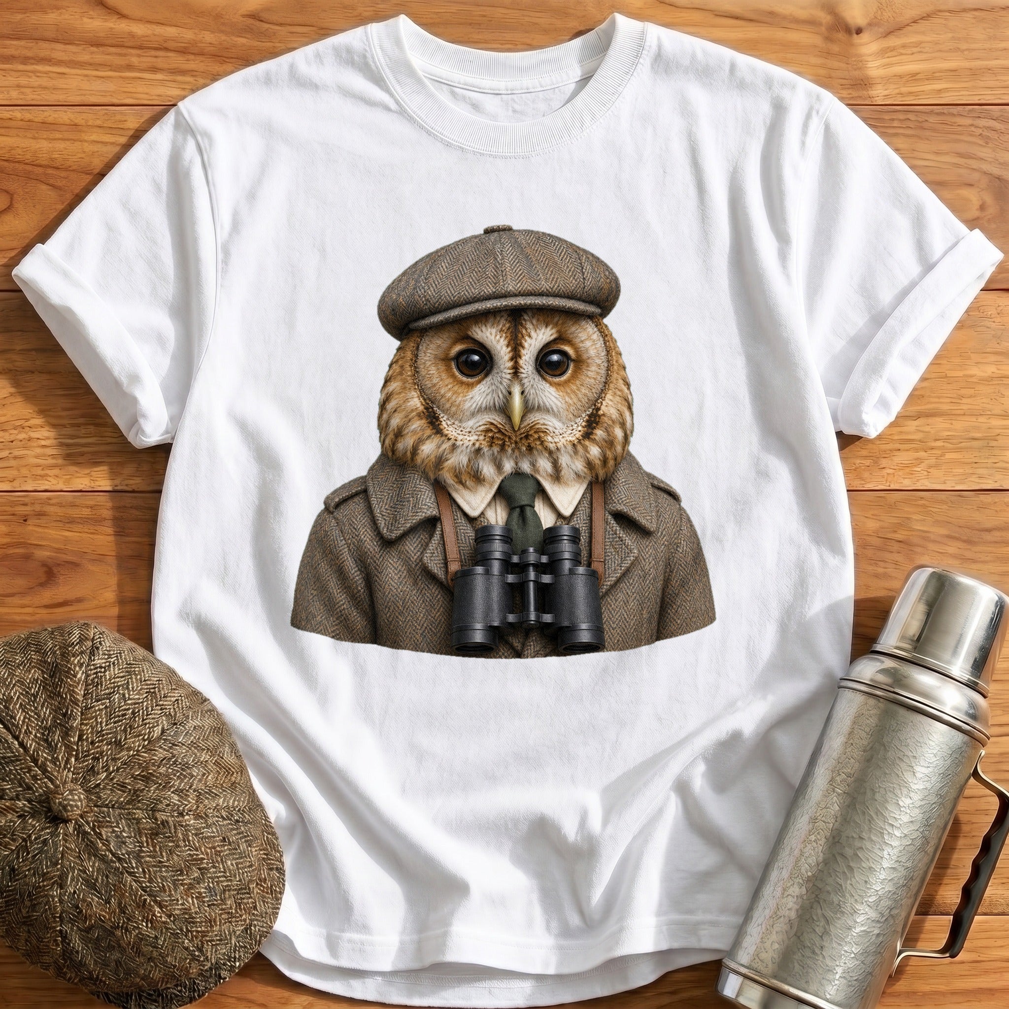 Tawny Owl Trainspotter With Binoculars T-Shirt - White