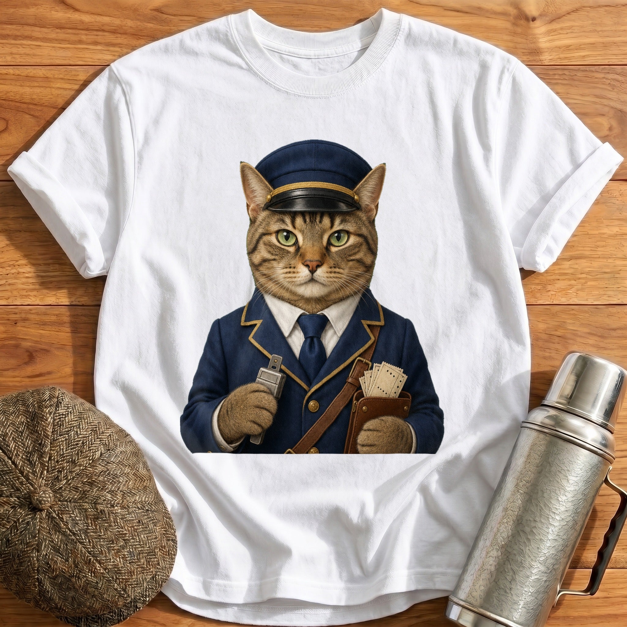 Tabby Cat Ticket Inspector T-Shirt - White