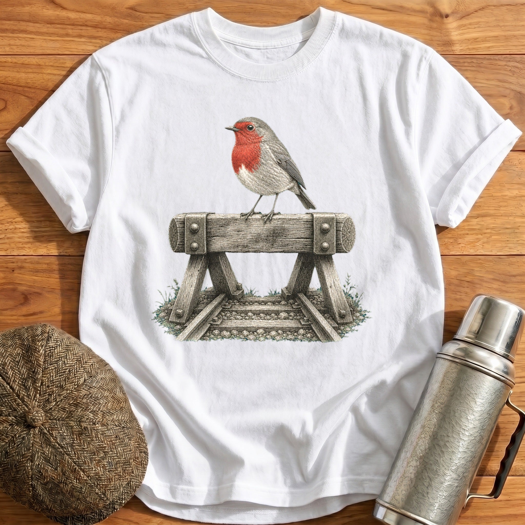 Robin Perched On A Buffer Stop T-Shirt - White