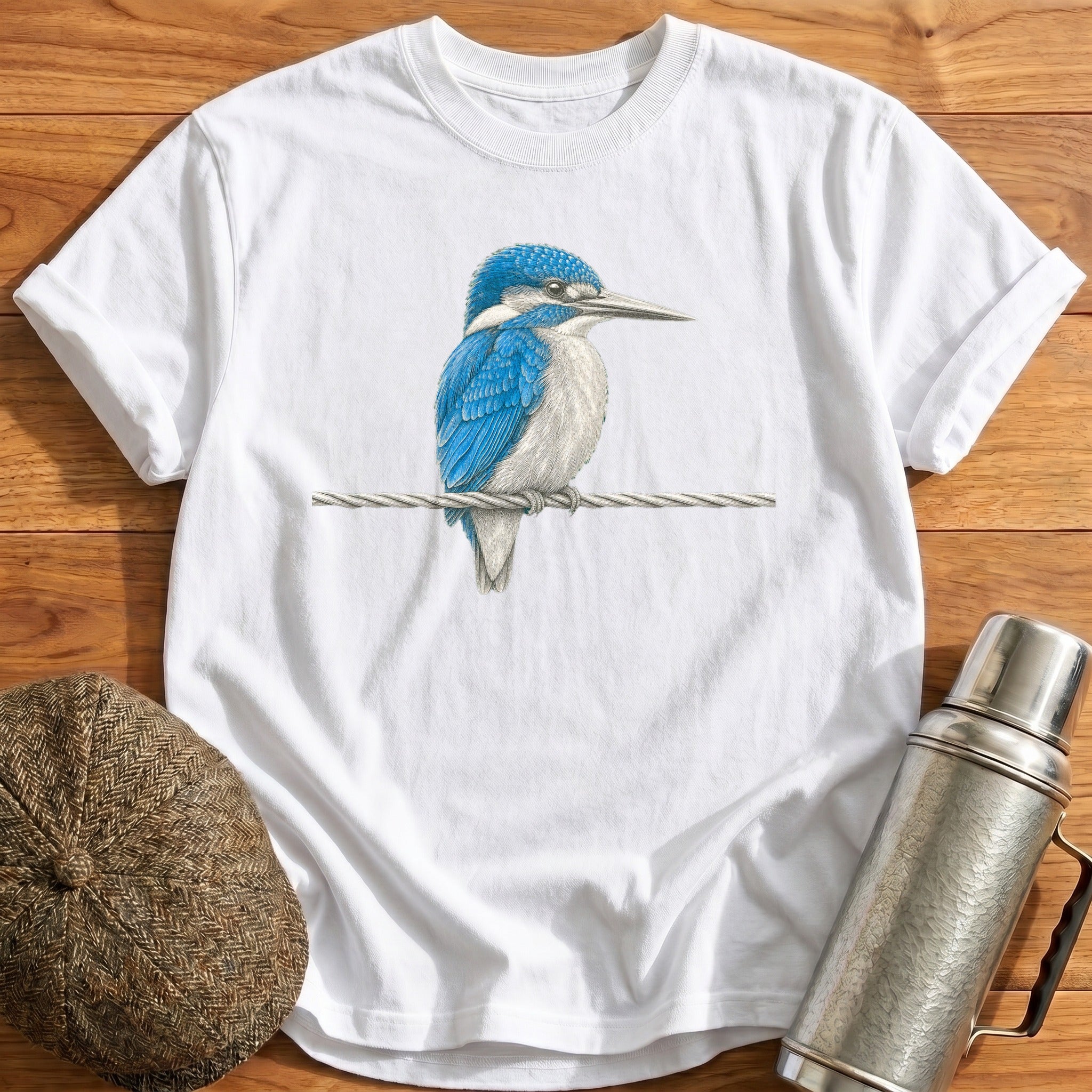Kingfisher On A Signal Wire T-Shirt - White