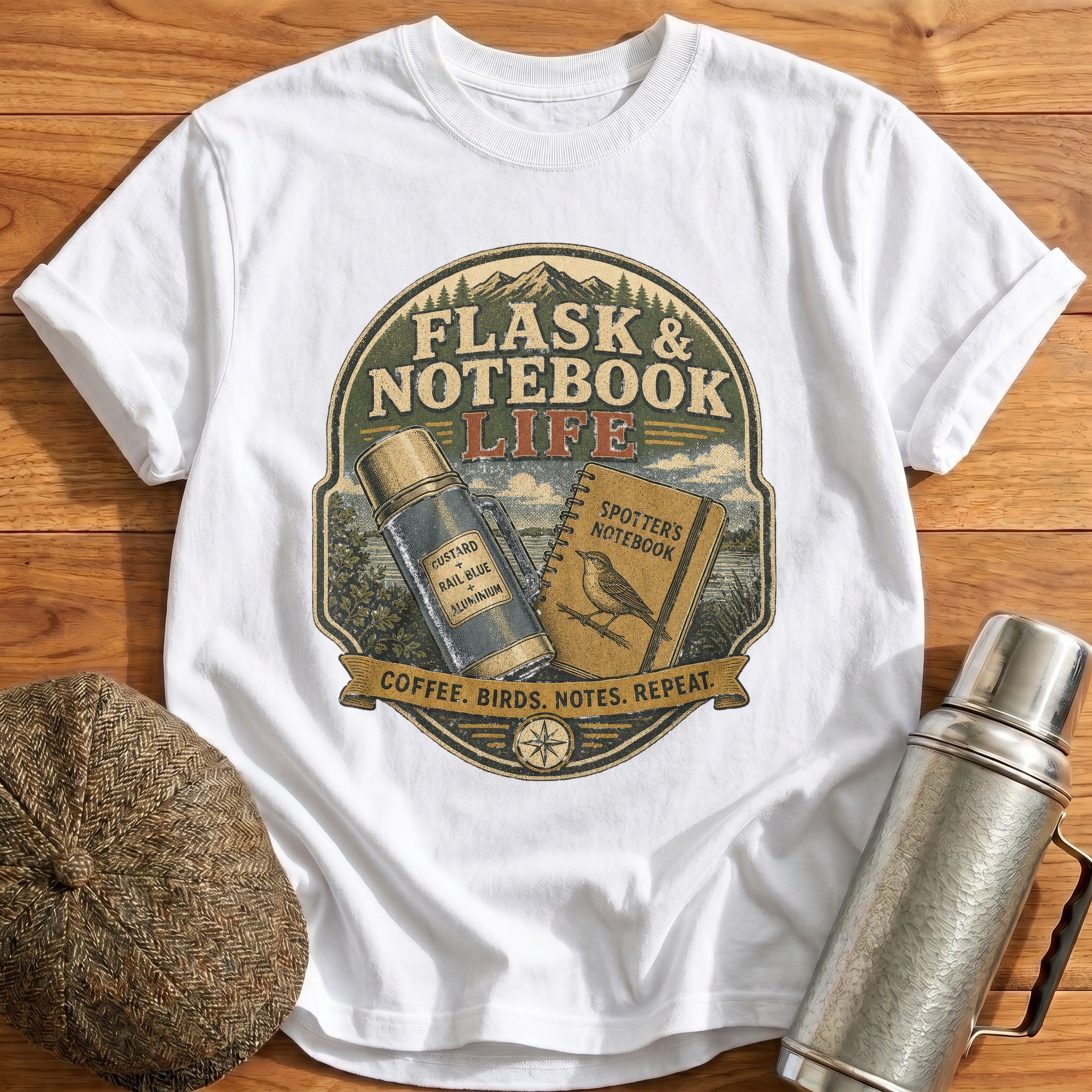 Coffee, Birds, Notes, Repeat T-Shirt - White