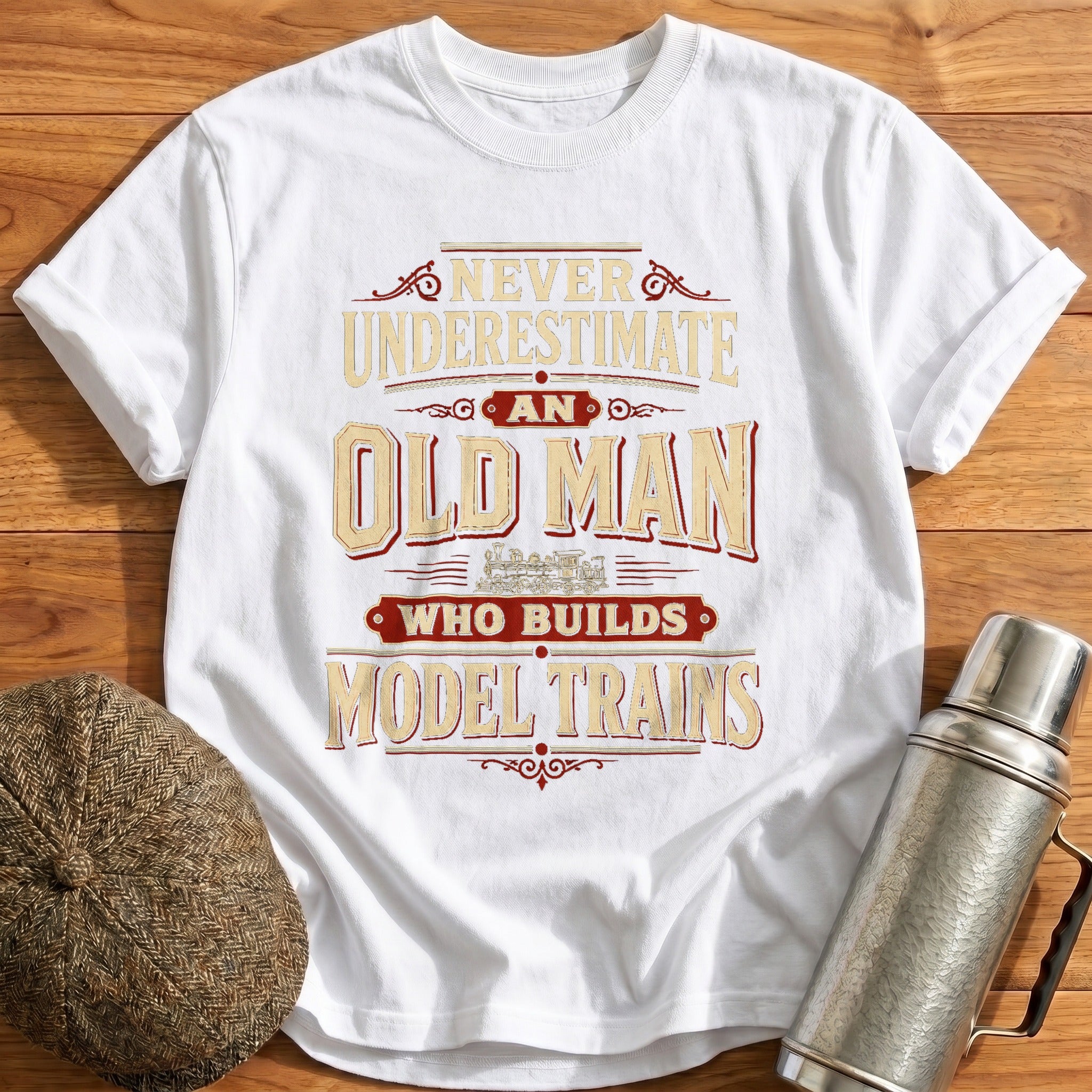 Never Underestimate Old Man Model Trains T-Shirt - White