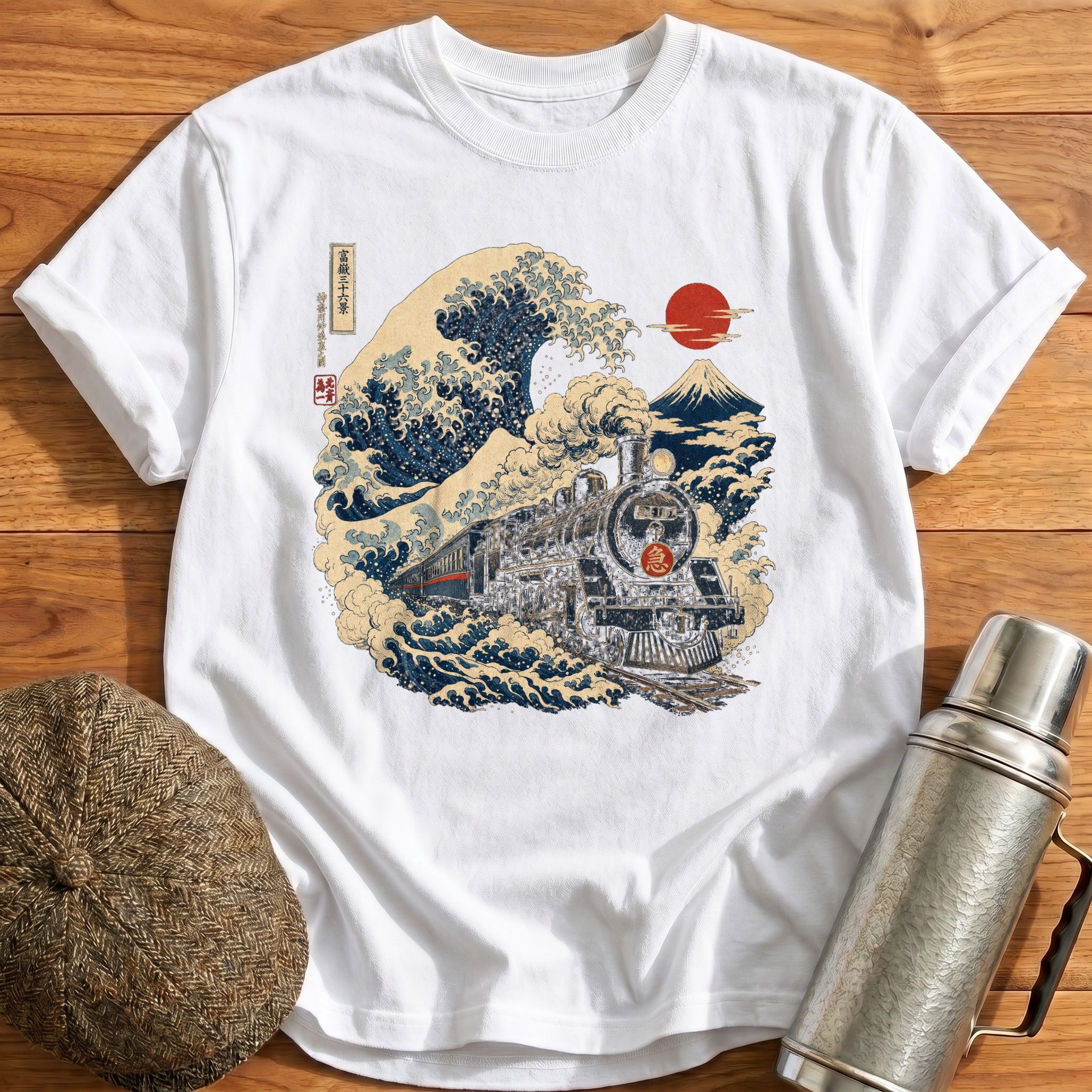 Ukiyoe Steam Train Wave T-Shirt - White